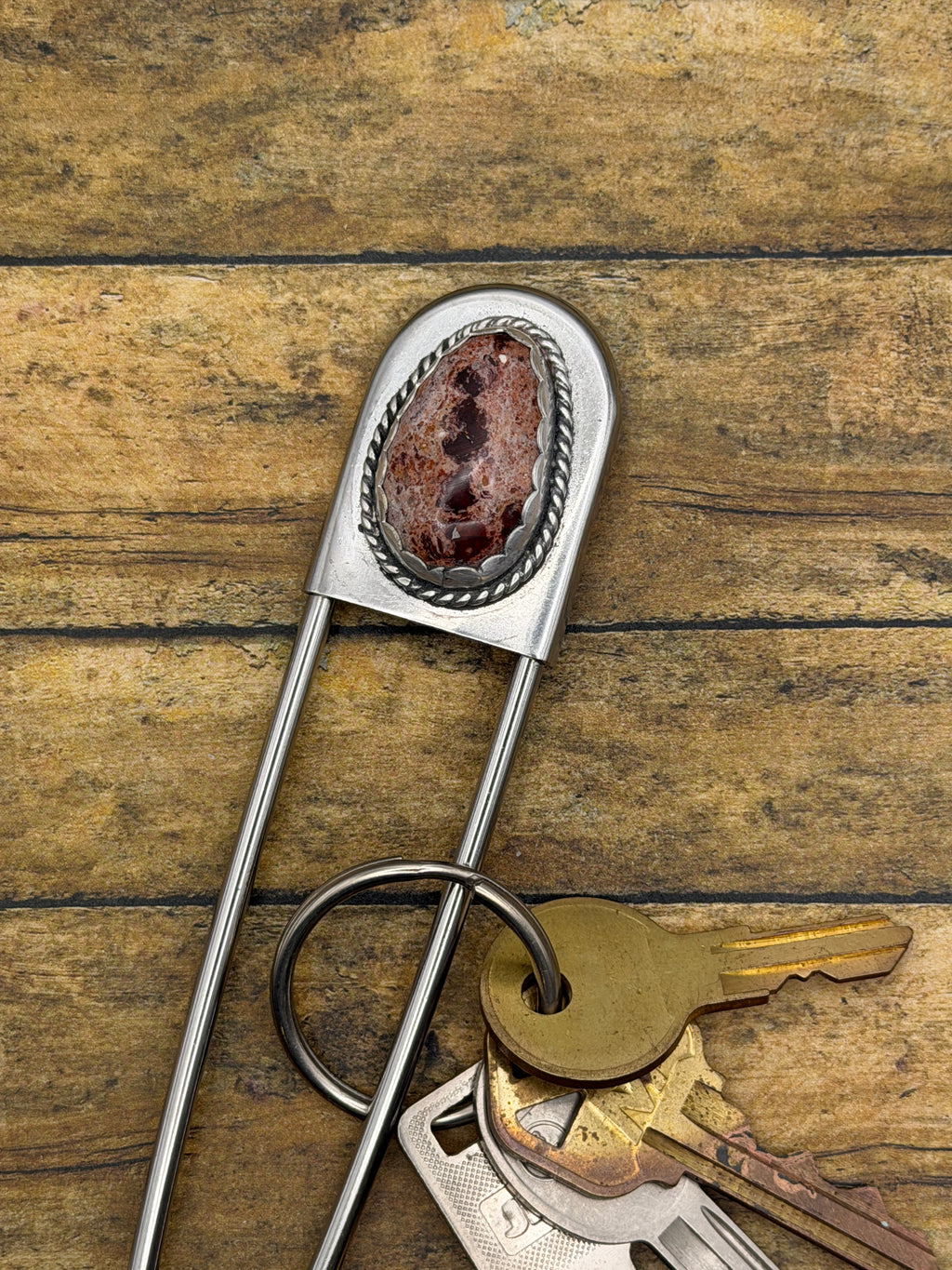 Franky-Jumbo Safety Pin Keychain with Mexican Fire Opal
