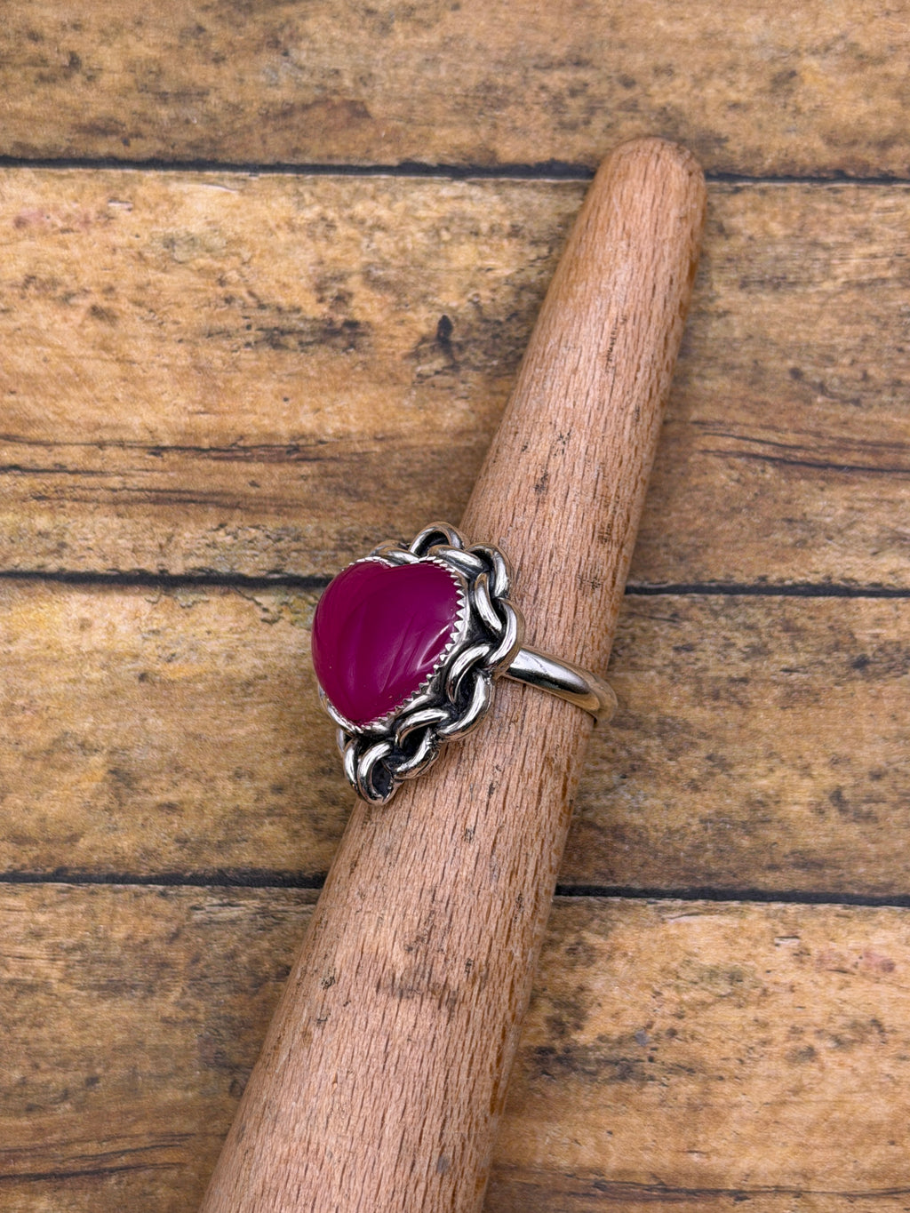 Essie-Pink Chalcedony Heart Ring with Chain Detail
