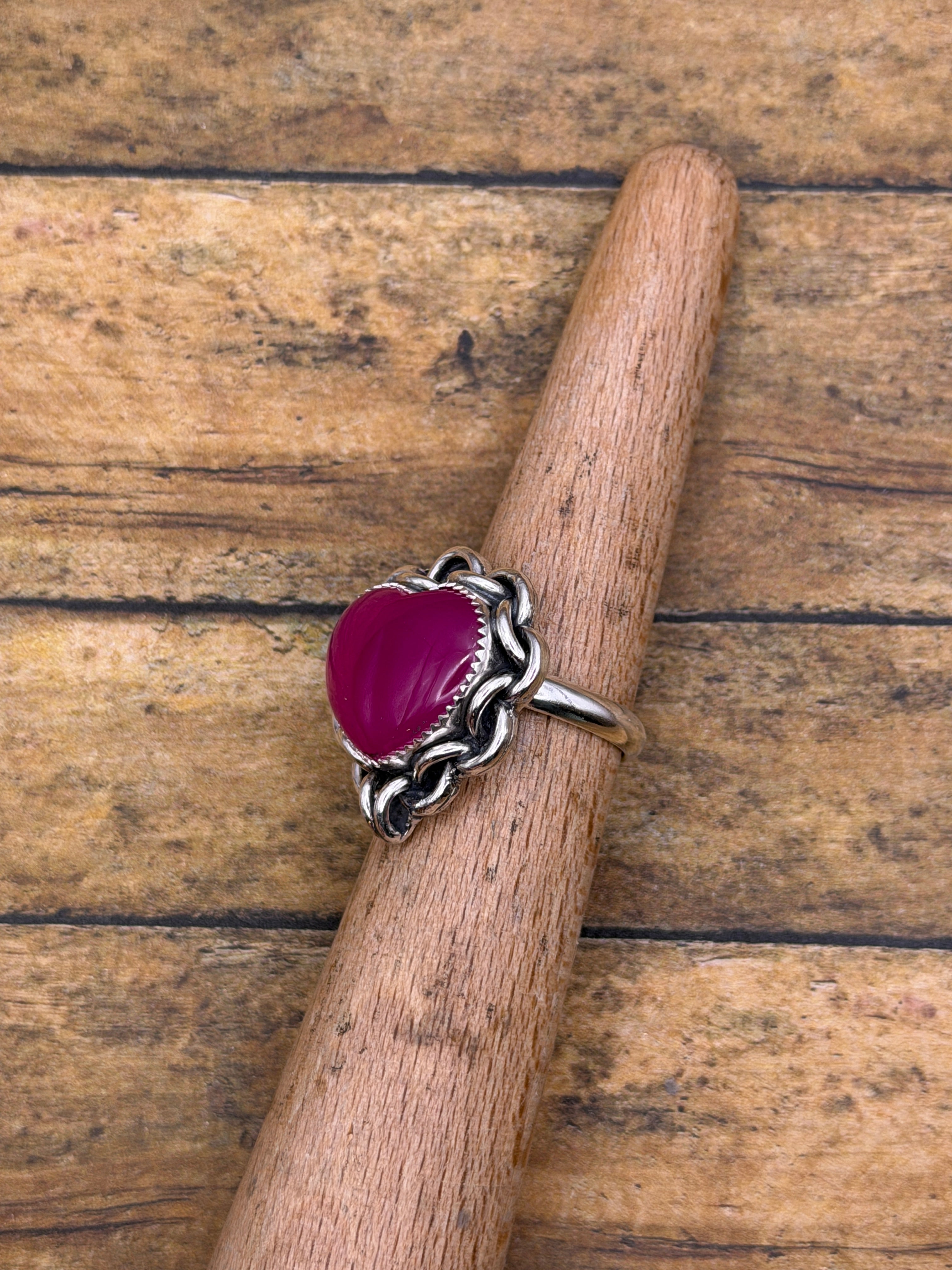 Essie-Pink Chalcedony Heart Ring with Chain Detail