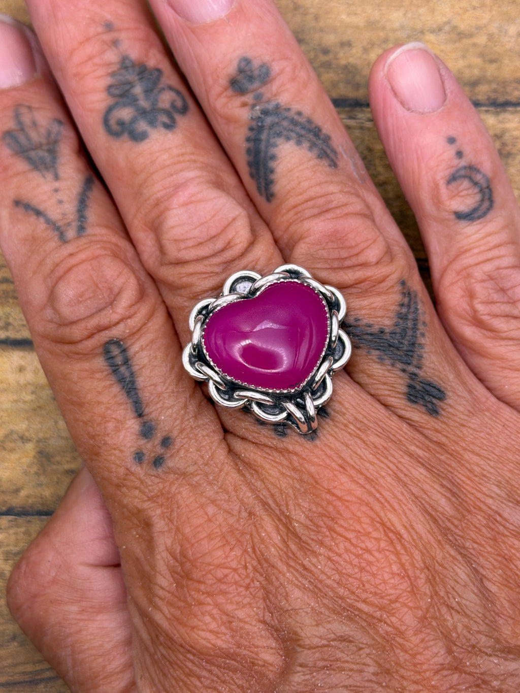 Essie-Pink Chalcedony Heart Ring with Chain Detail