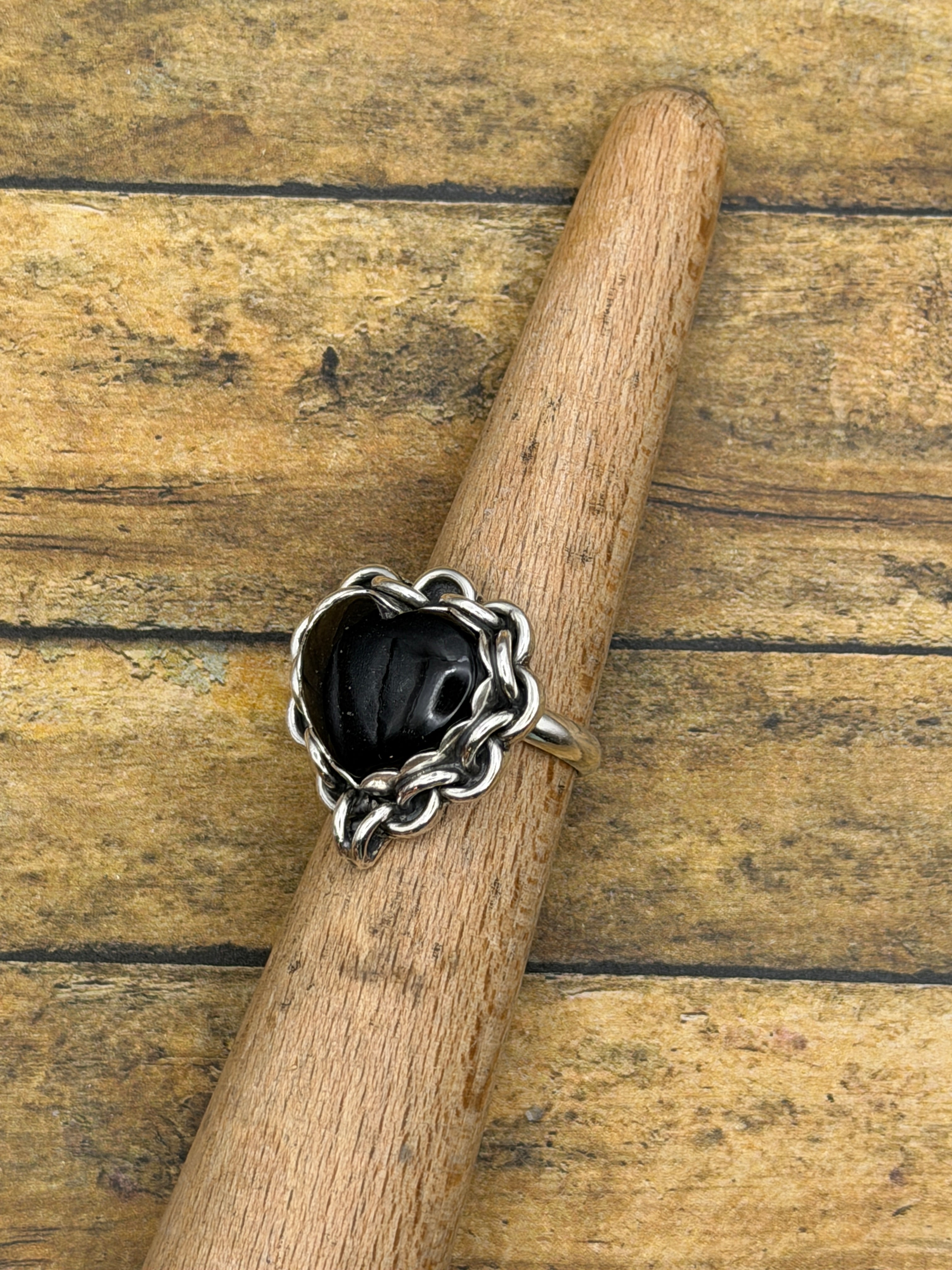 Daliah-Black Onyx Heart Ring with Chain Detail