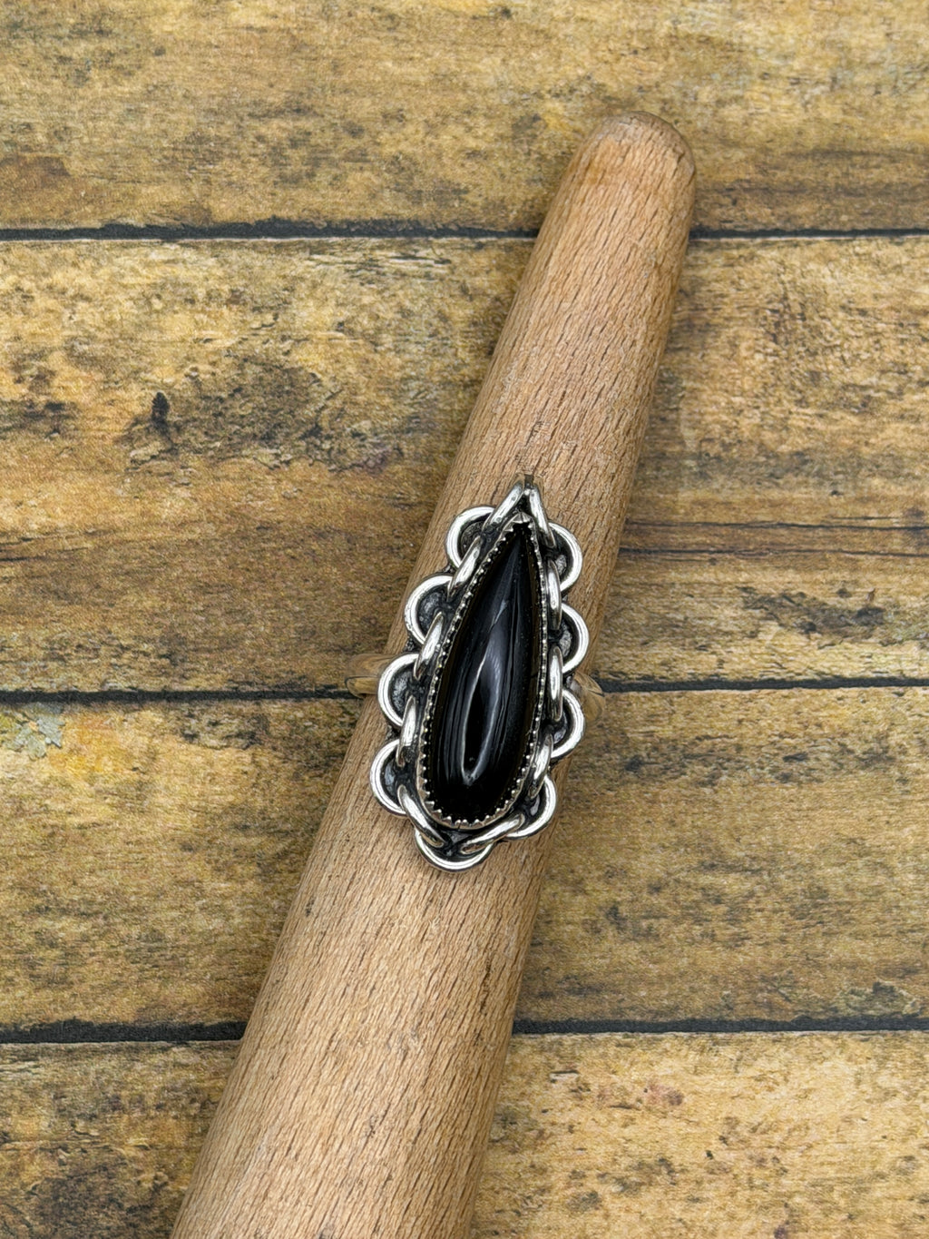 Darcy-Black Onyx Teardrop Ring with Chain Detail