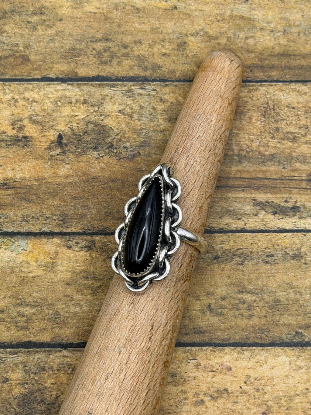 Darcy-Black Onyx Teardrop Ring with Chain Detail