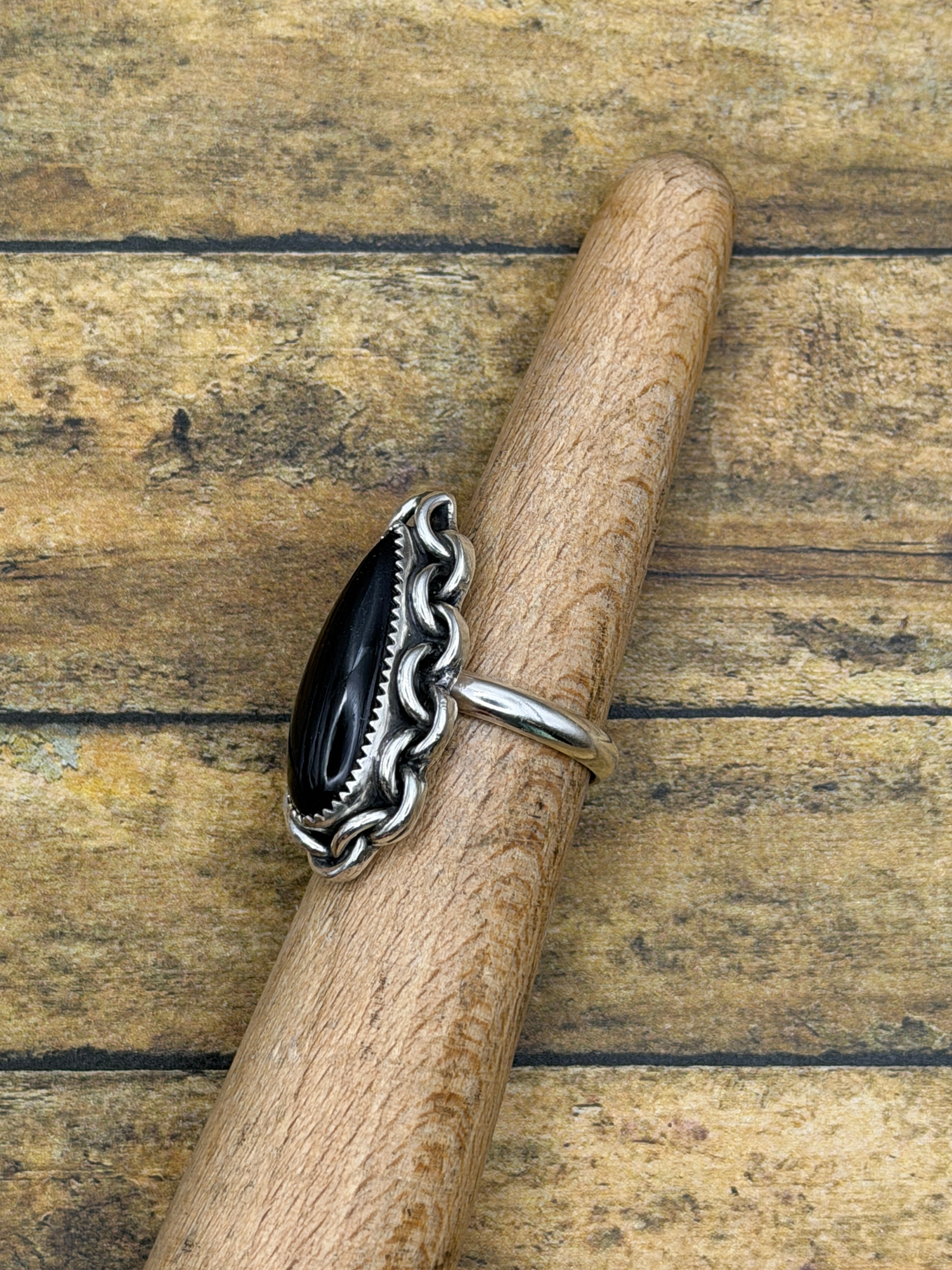 Darcy-Black Onyx Teardrop Ring with Chain Detail