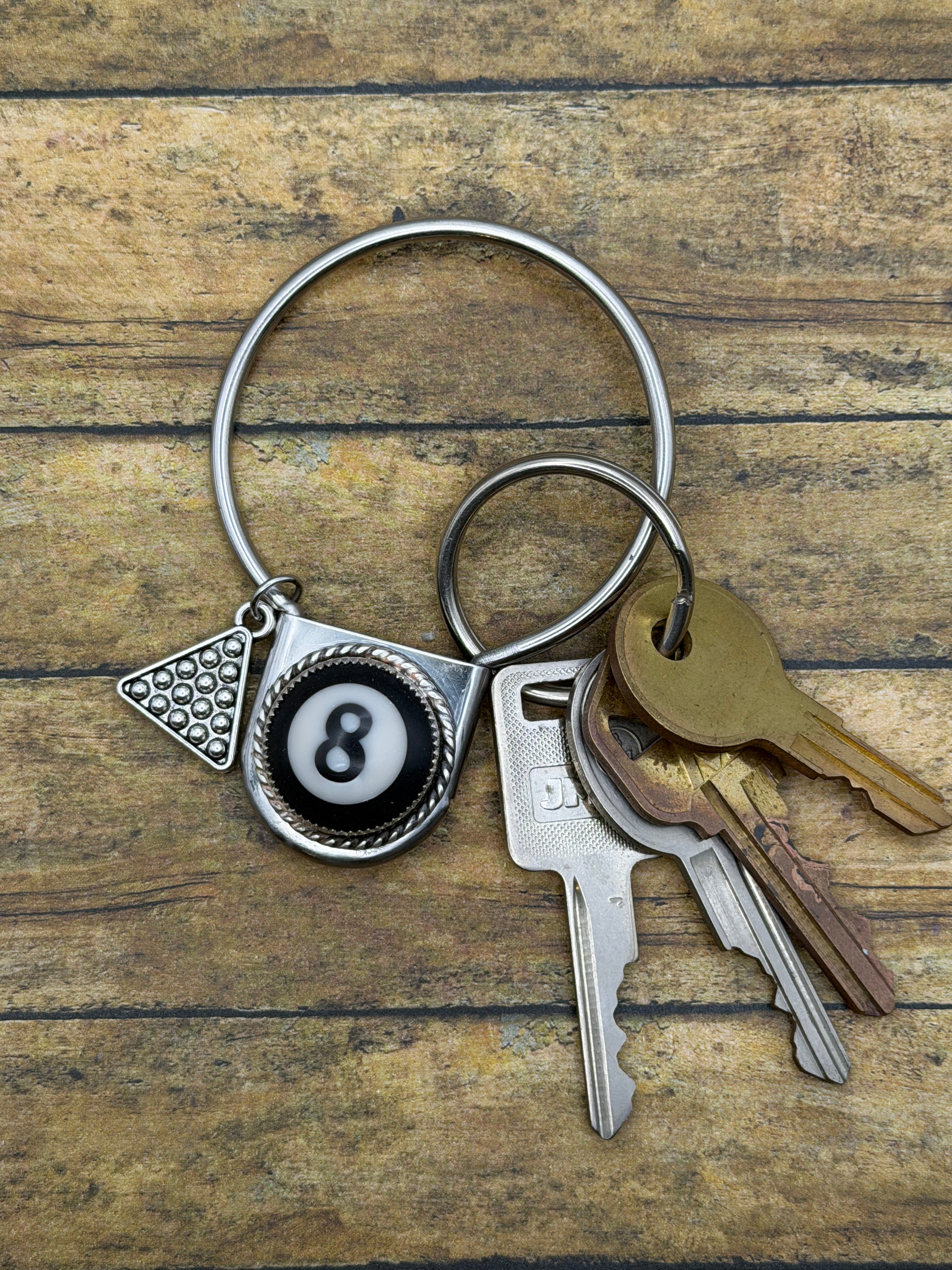 Syrus-Round Safety Pin Keychain with Billiard 8-Ball Detail