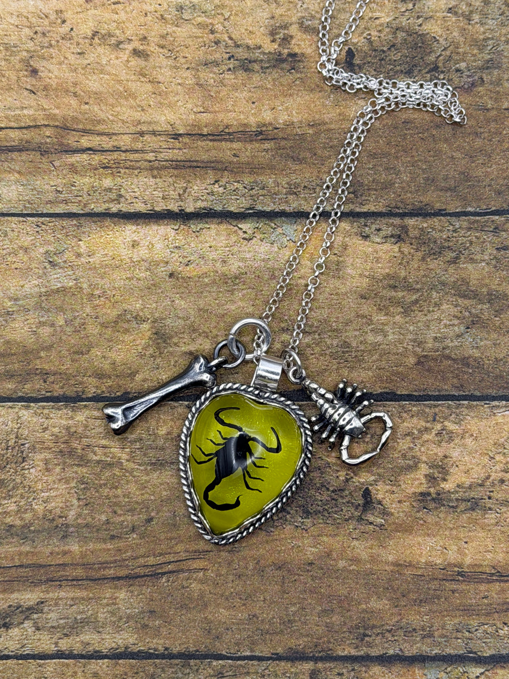 Wynona-Black Scorpion in Lime Green Resin Heart Charm Necklace with Scorpion and Bone Charm