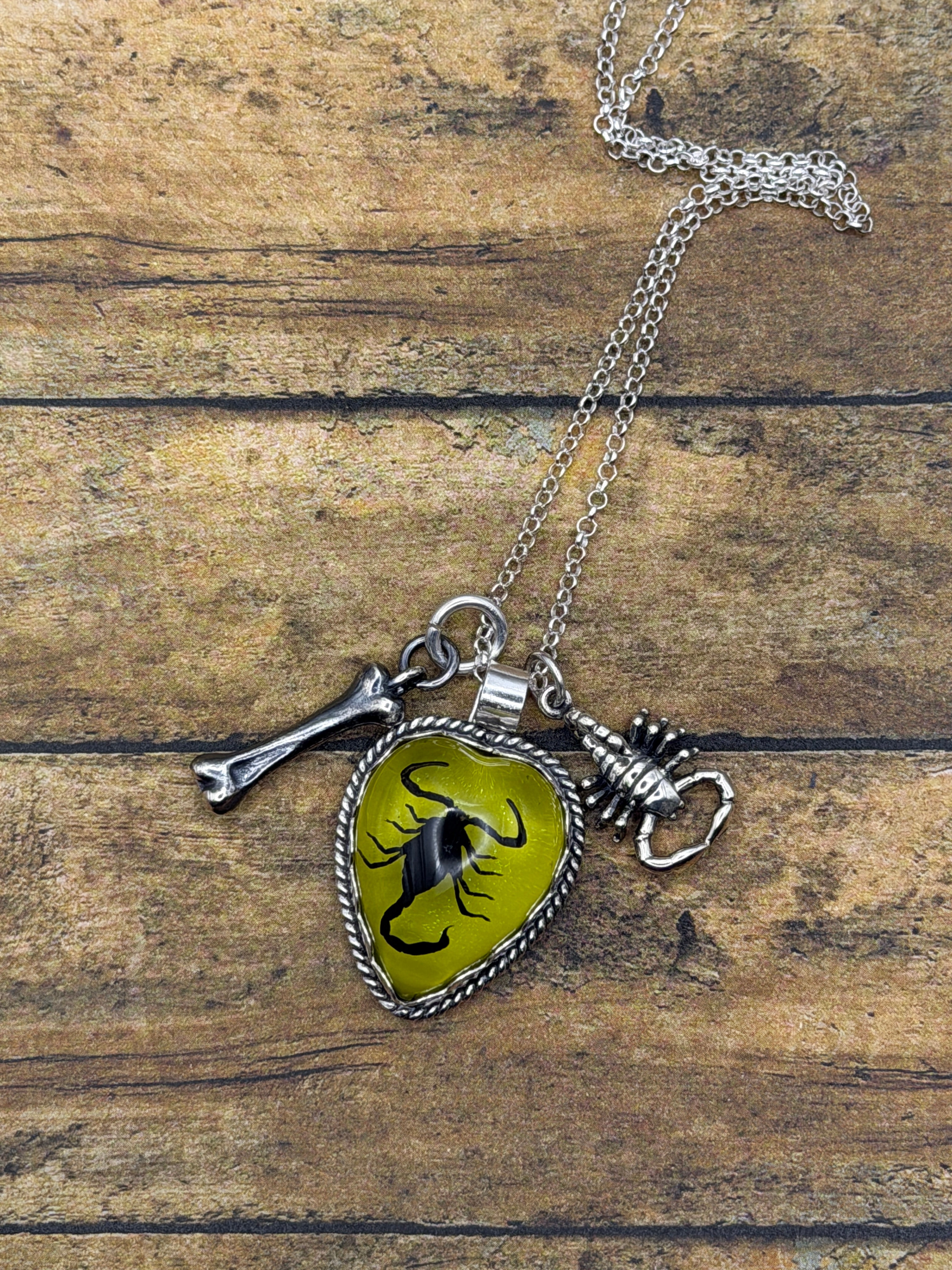 Wynona-Black Scorpion in Lime Green Resin Heart Charm Necklace with Scorpion and Bone Charm
