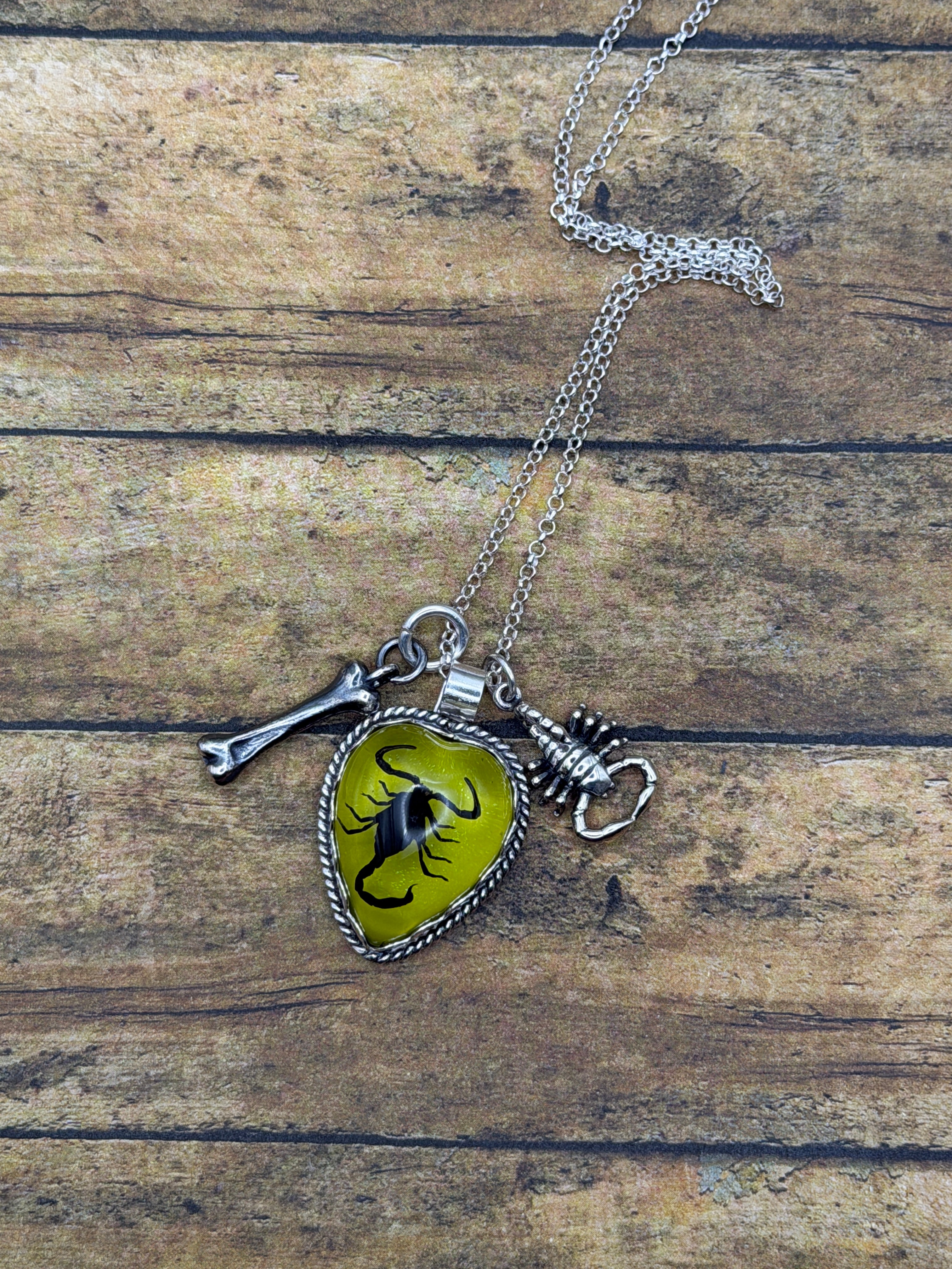 Wynona-Black Scorpion in Lime Green Resin Heart Charm Necklace with Scorpion and Bone Charm