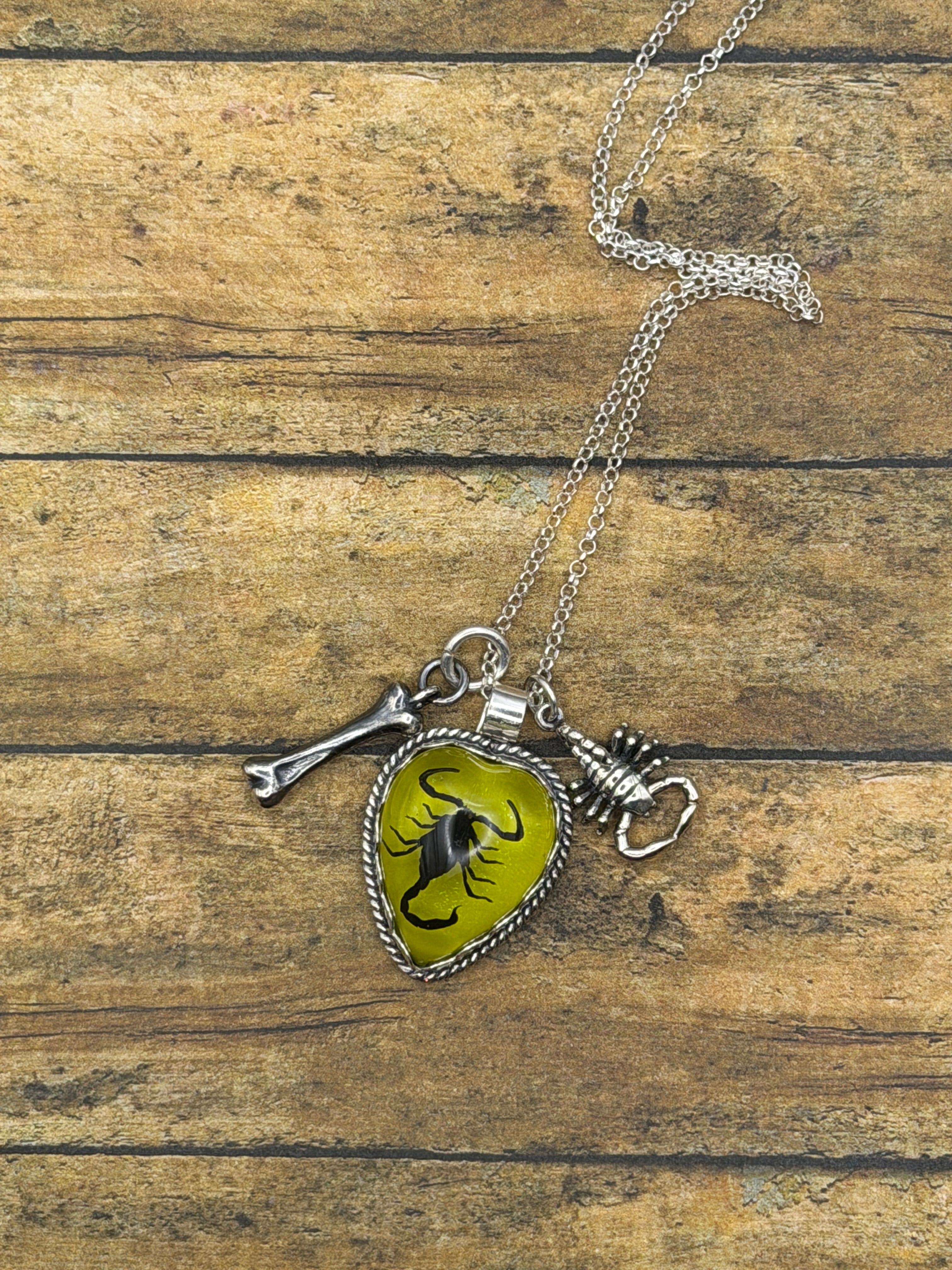 Wynona-Black Scorpion in Lime Green Resin Heart Charm Necklace with Scorpion and Bone Charm