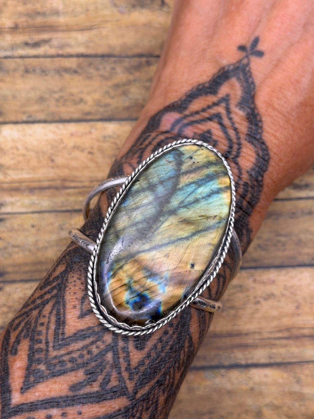 Helen-Labradorite Statement Sterling Silver Double Cuff