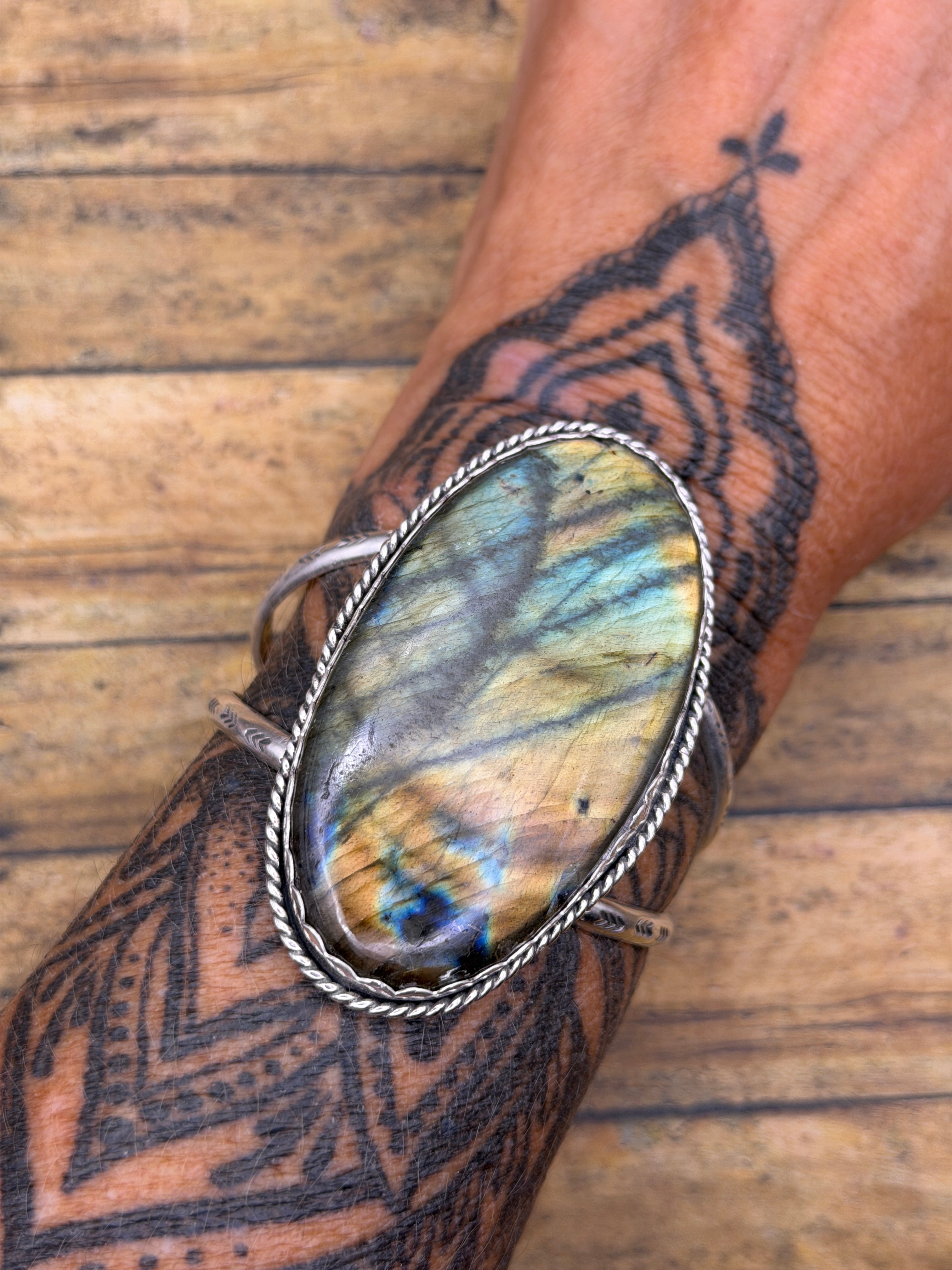 Helen-Labradorite Statement Sterling Silver Double Cuff