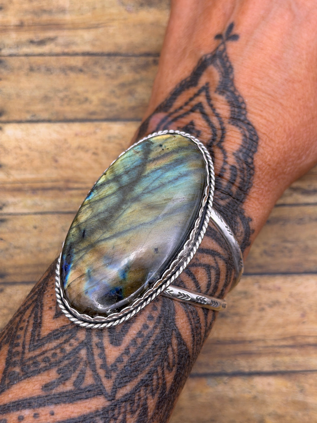 Helen-Labradorite Statement Sterling Silver Double Cuff