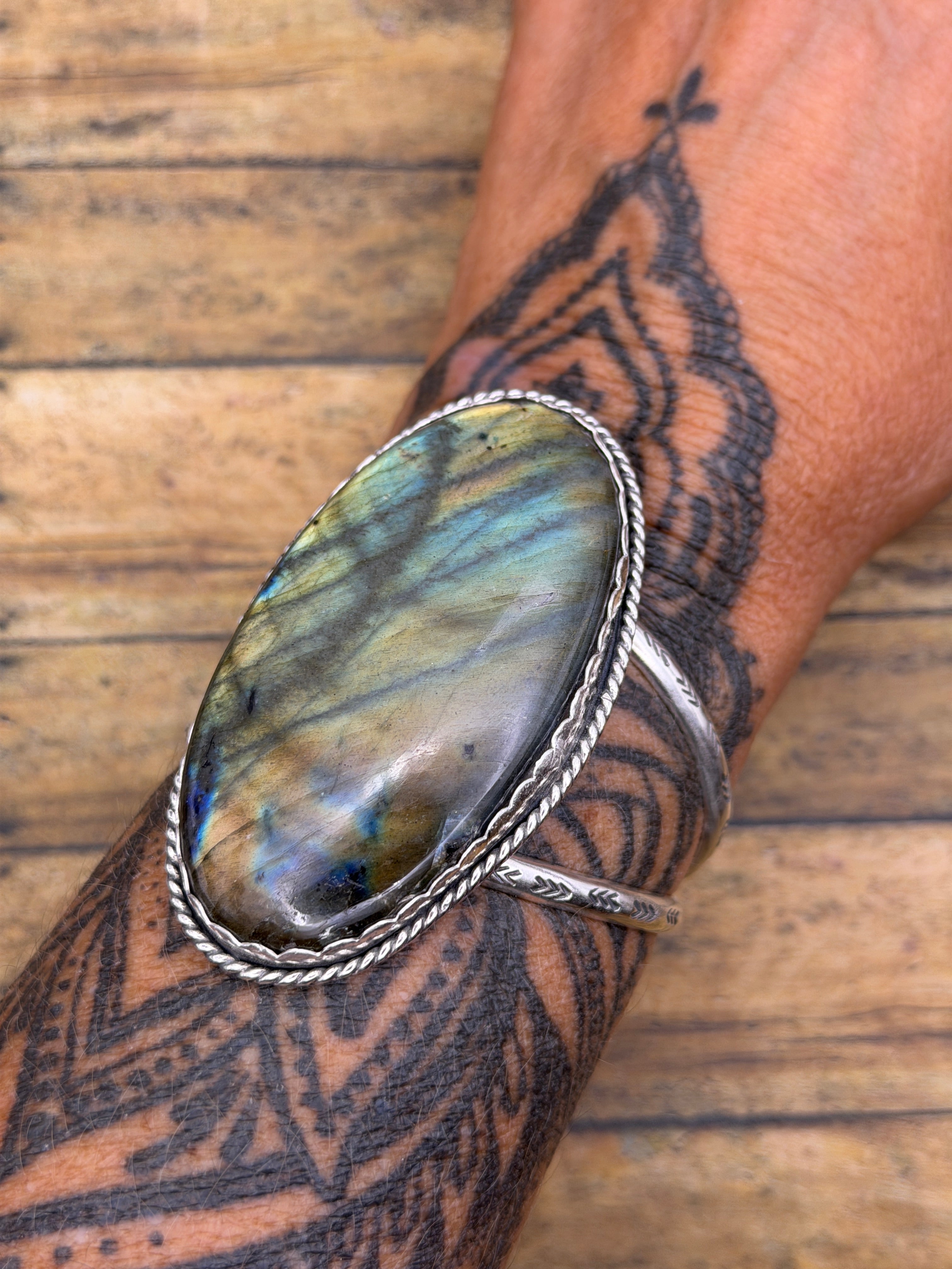 Helen-Labradorite Statement Sterling Silver Double Cuff