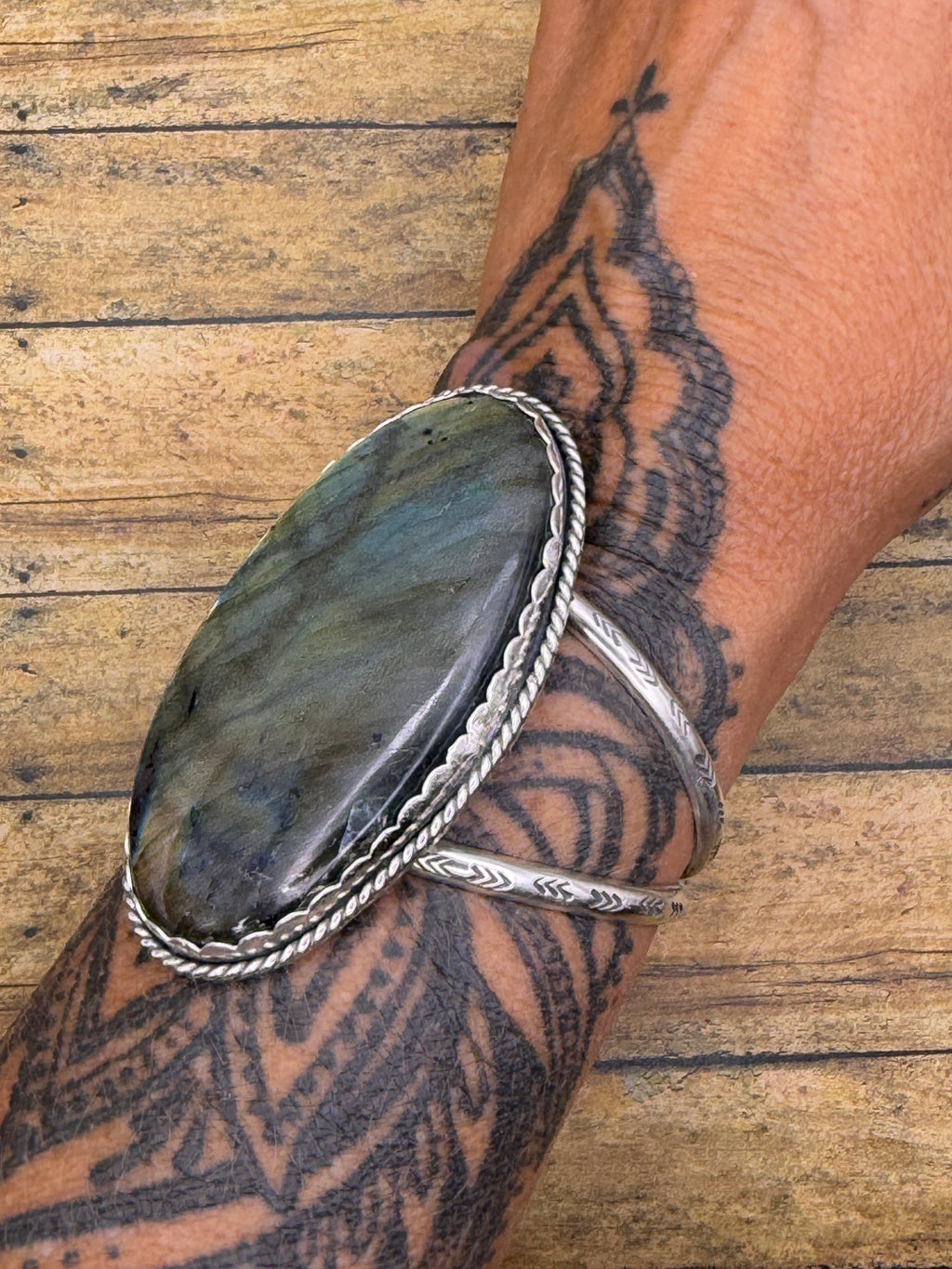 Helen-Labradorite Statement Sterling Silver Double Cuff
