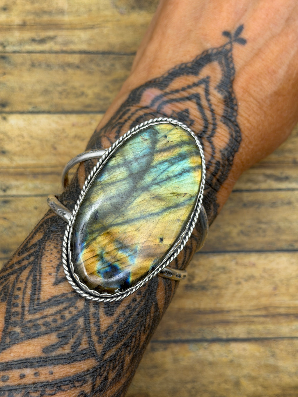 Helen-Labradorite Statement Sterling Silver Double Cuff