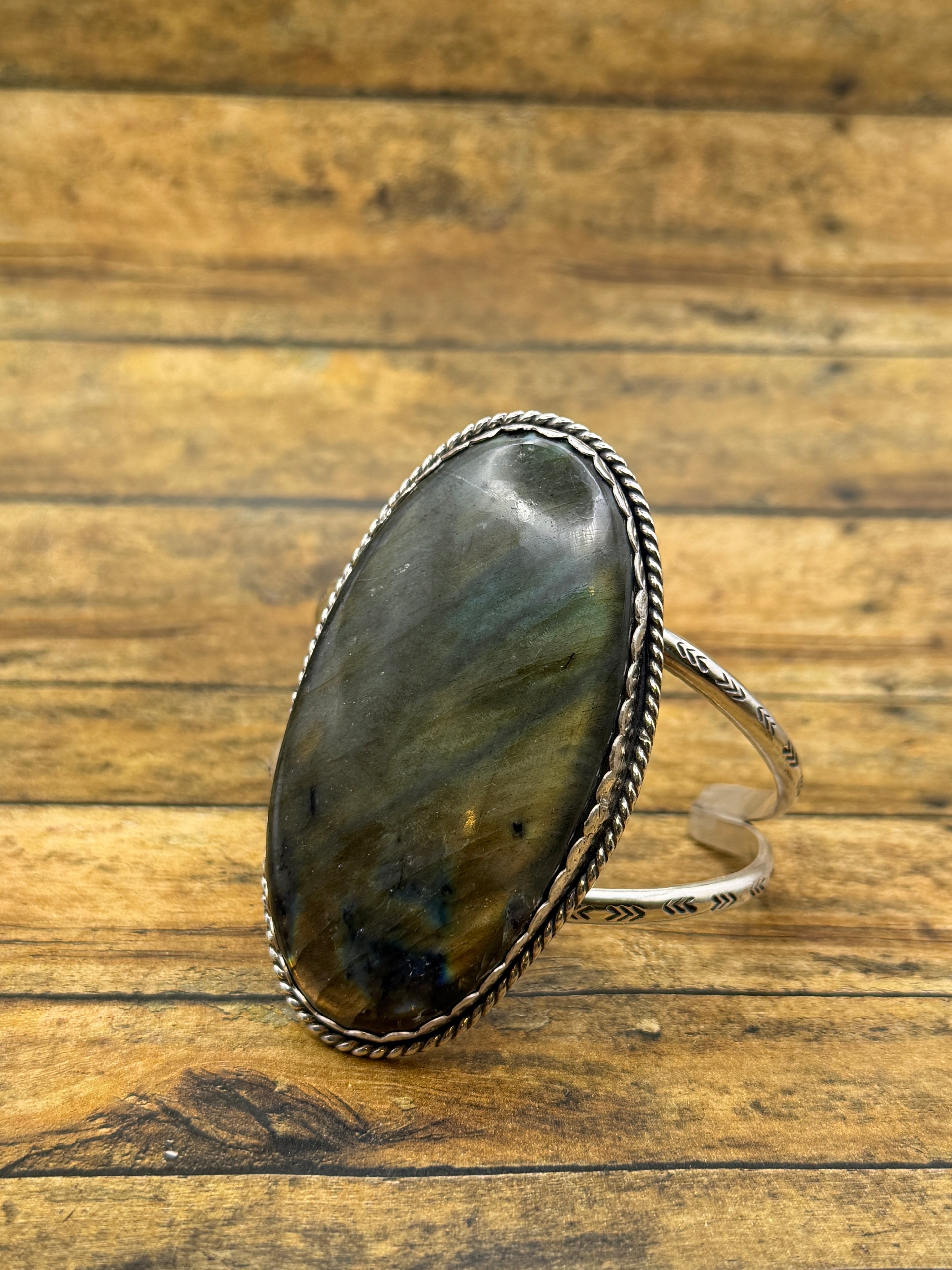 Helen-Labradorite Statement Sterling Silver Double Cuff