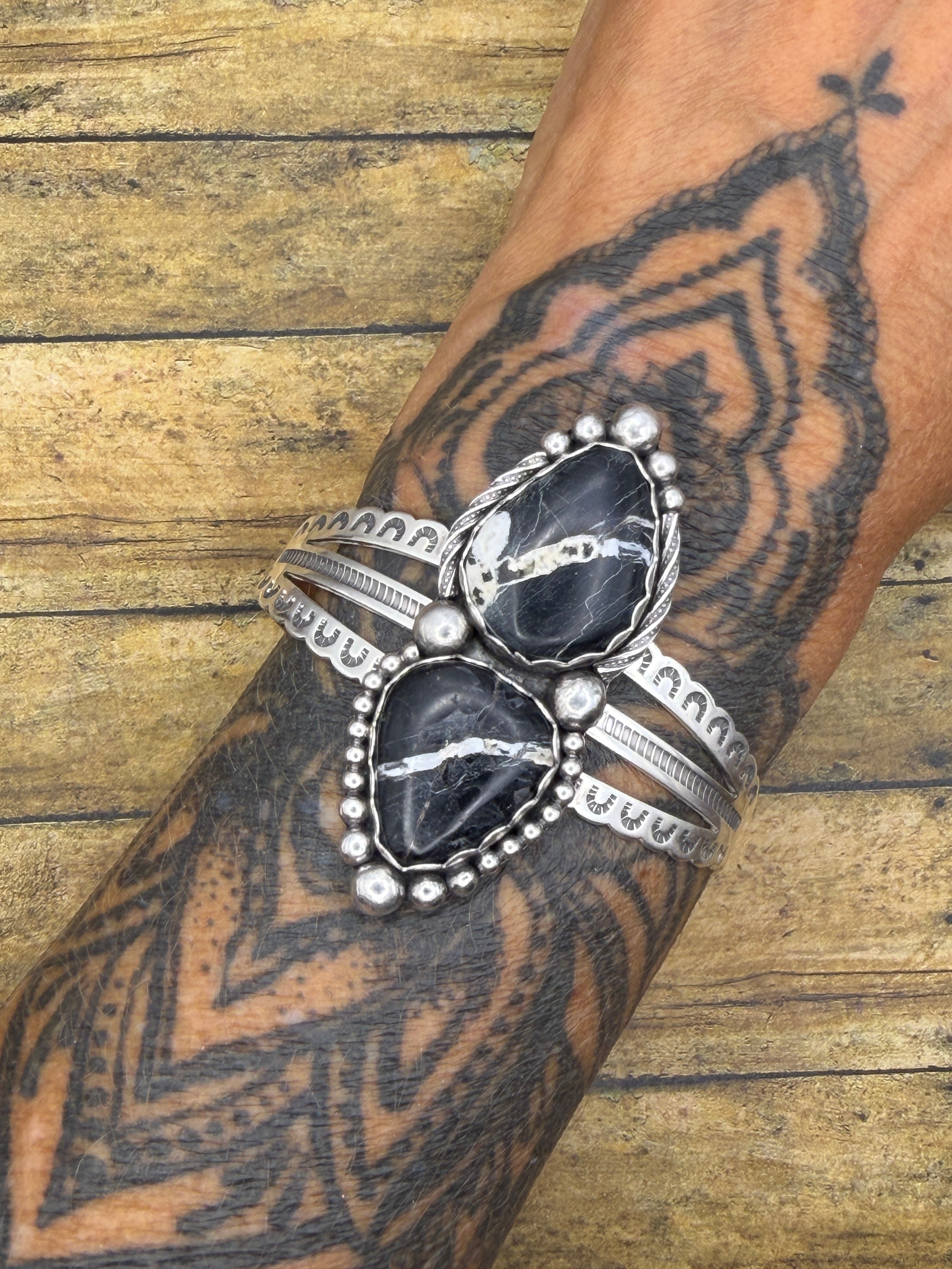Ava-White Buffalo Turquoise Double Gemstone Triple Cuff/Bracelet