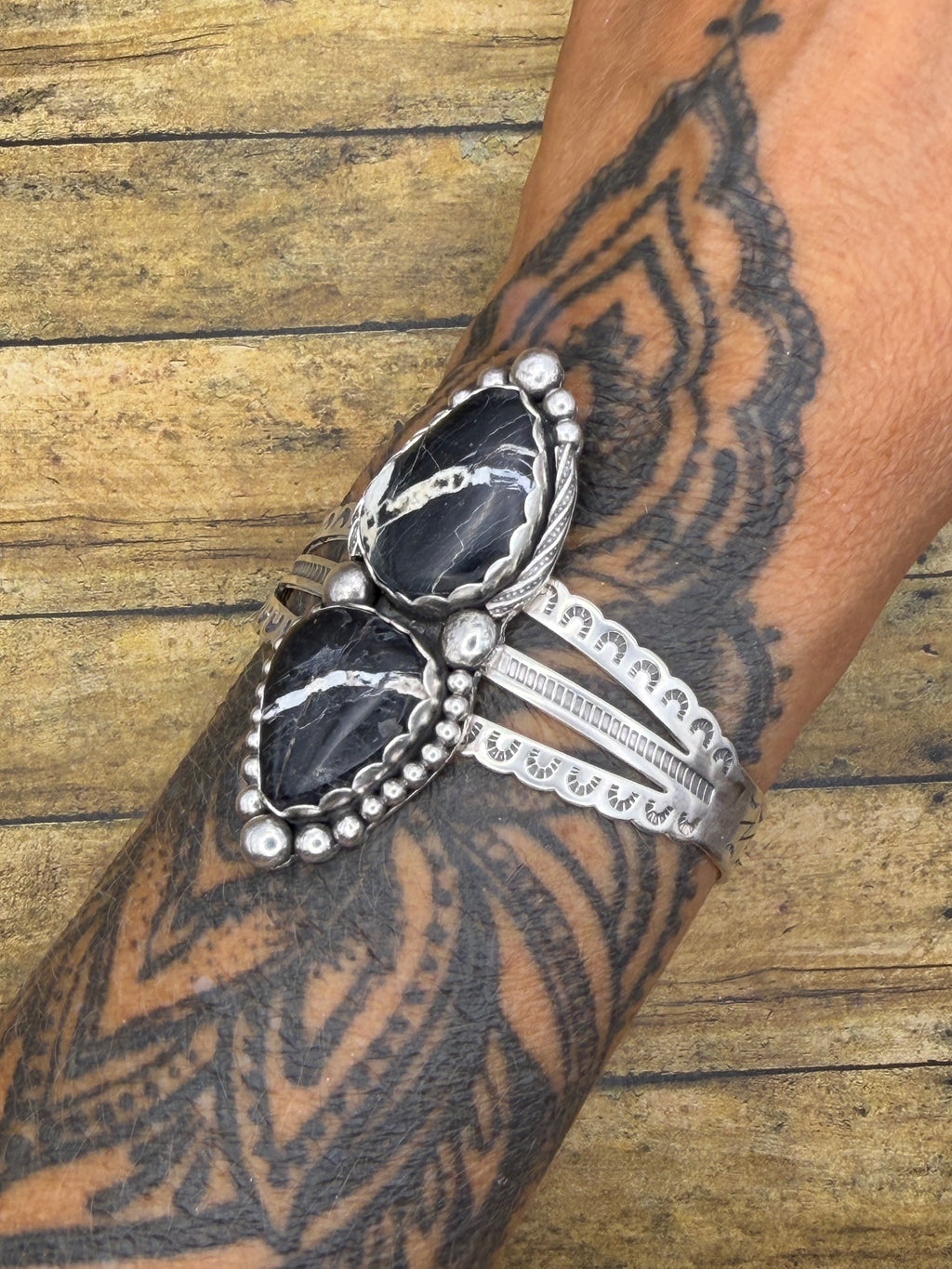 Ava-White Buffalo Turquoise Double Gemstone Triple Cuff/Bracelet