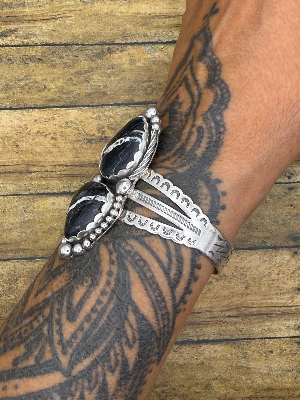 Ava-White Buffalo Turquoise Double Gemstone Triple Cuff/Bracelet