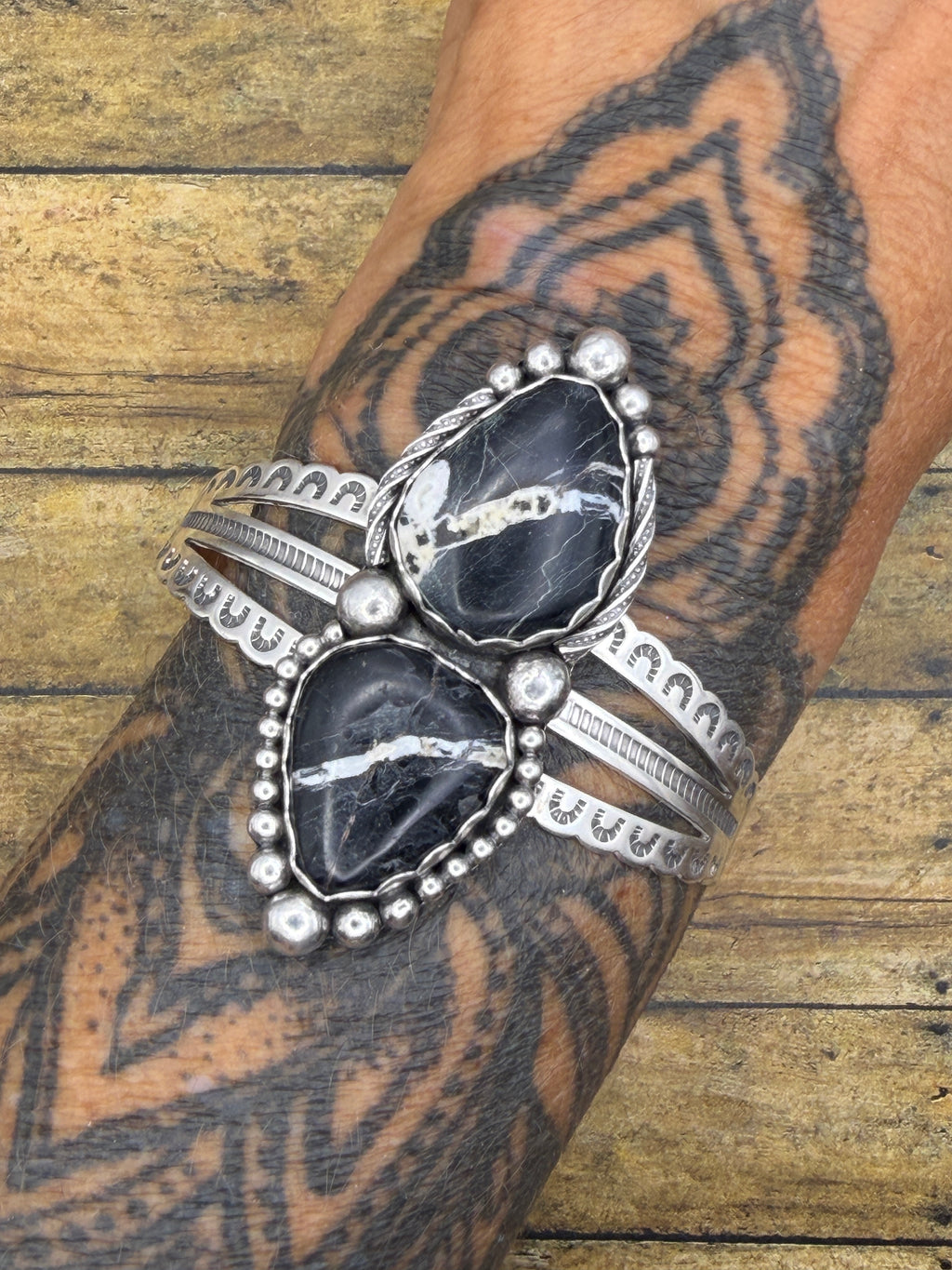 Ava-White Buffalo Turquoise Double Gemstone Triple Cuff/Bracelet