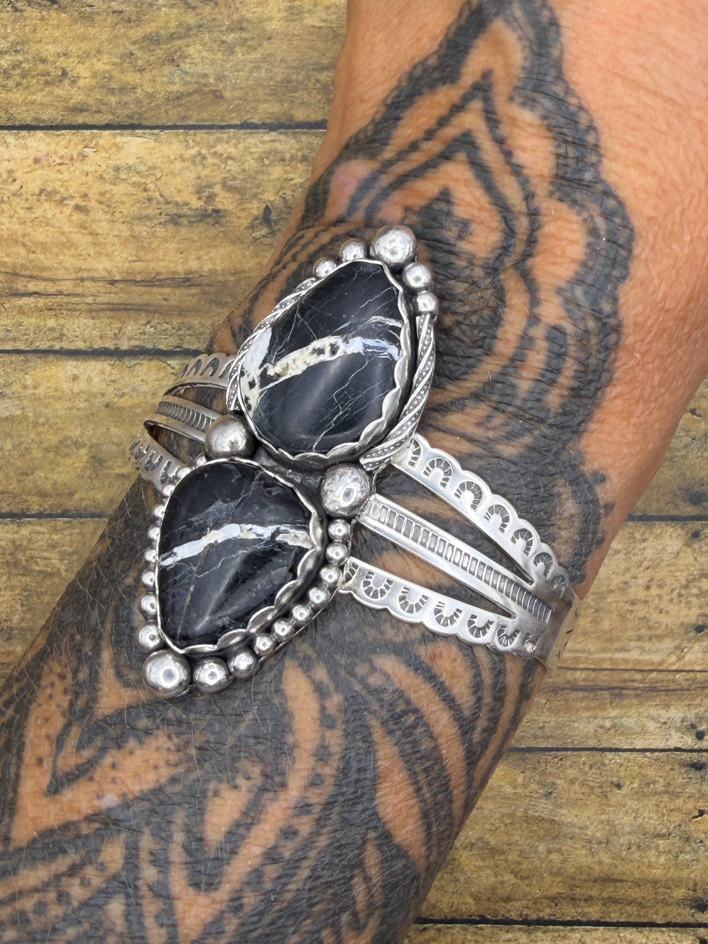 Ava-White Buffalo Turquoise Double Gemstone Triple Cuff/Bracelet
