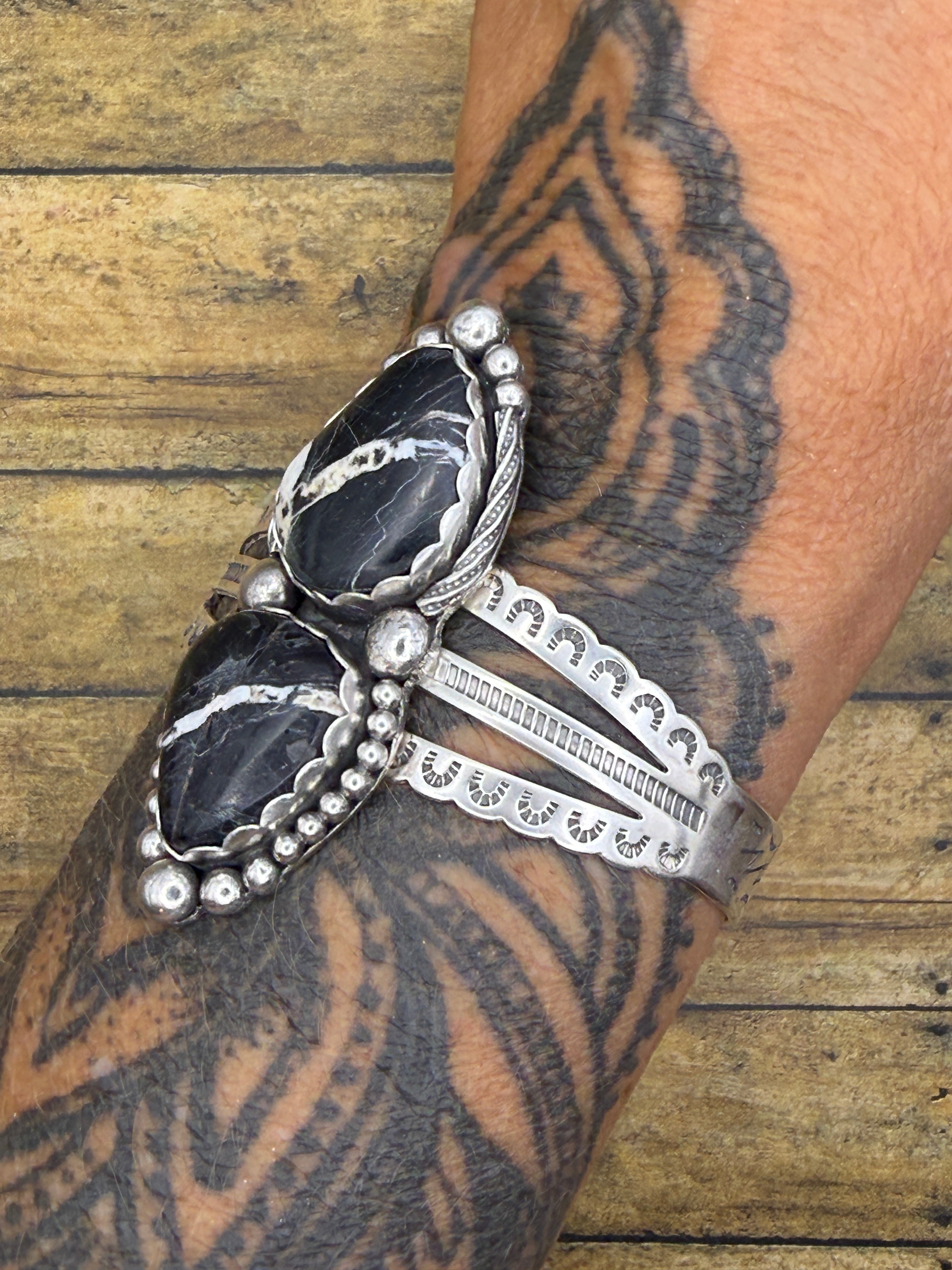 Ava-White Buffalo Turquoise Double Gemstone Triple Cuff/Bracelet