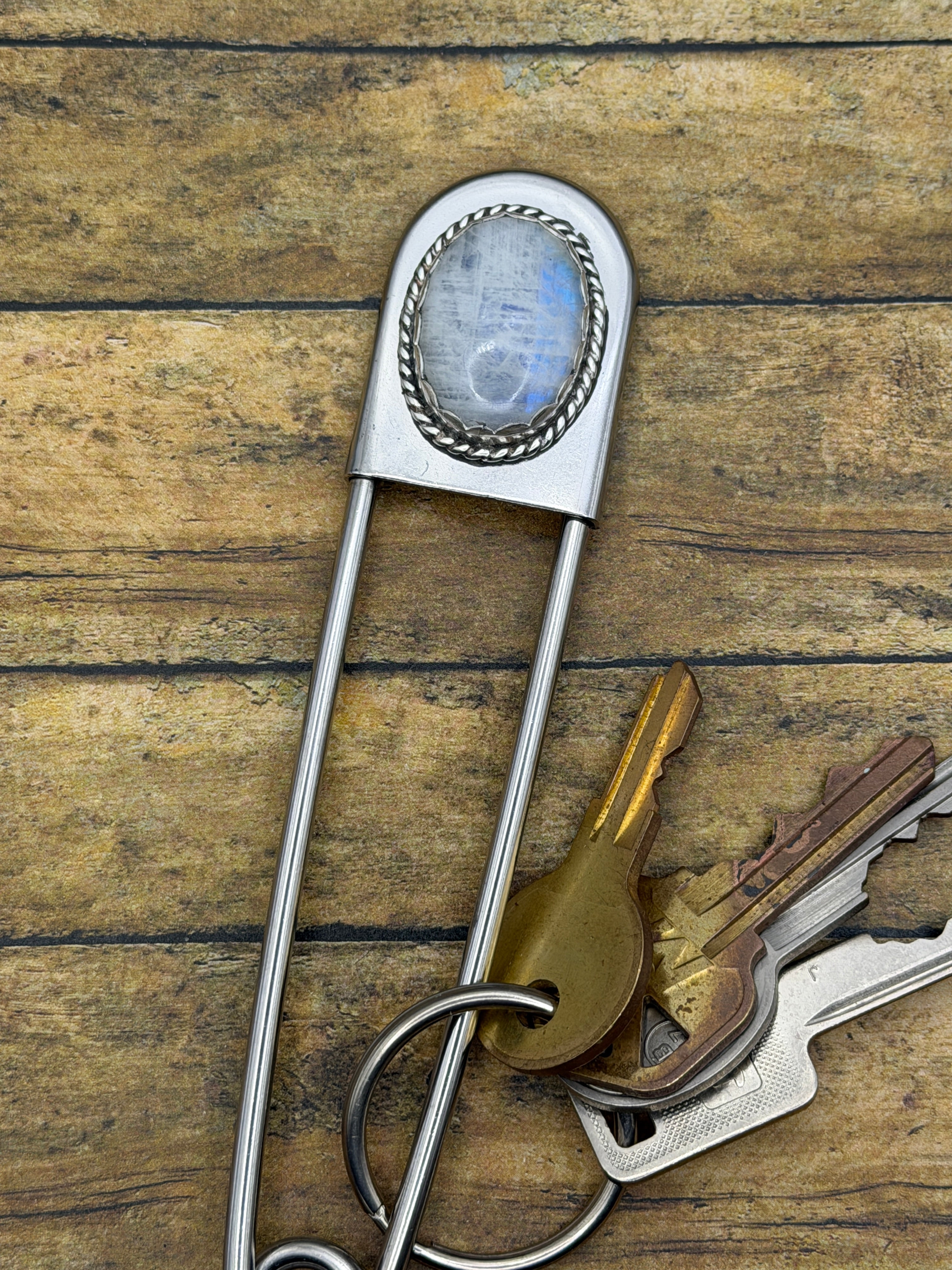 Grace-Jumbo Safety Pin with Rainbow Moonstone