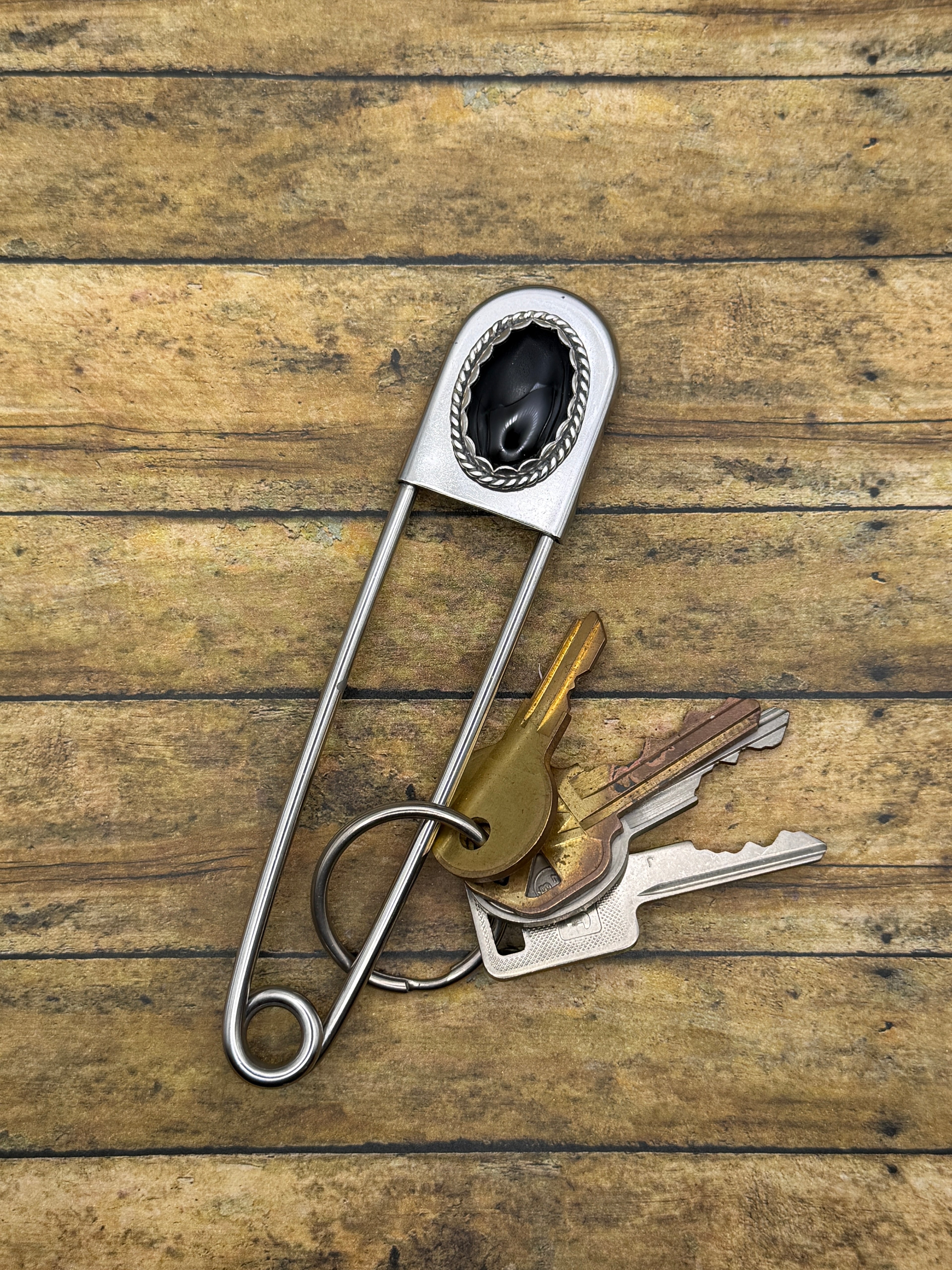 Dayton-Jumbo Safety Pin Keychain with Black Onyx Gemstone