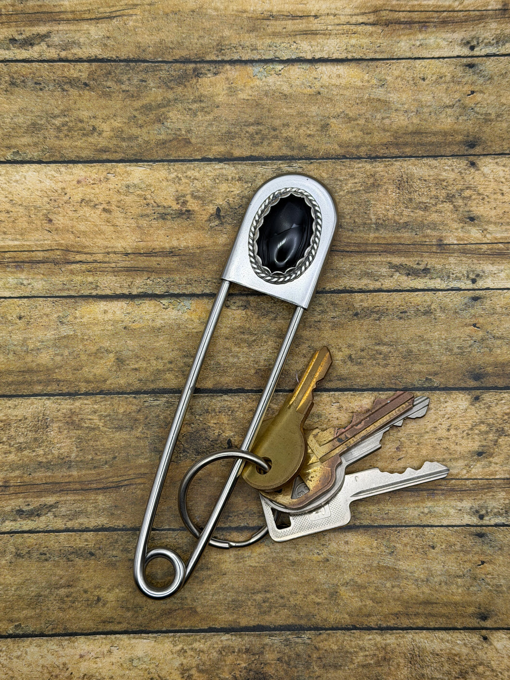 Dayton-Jumbo Safety Pin Keychain with Black Onyx Gemstone
