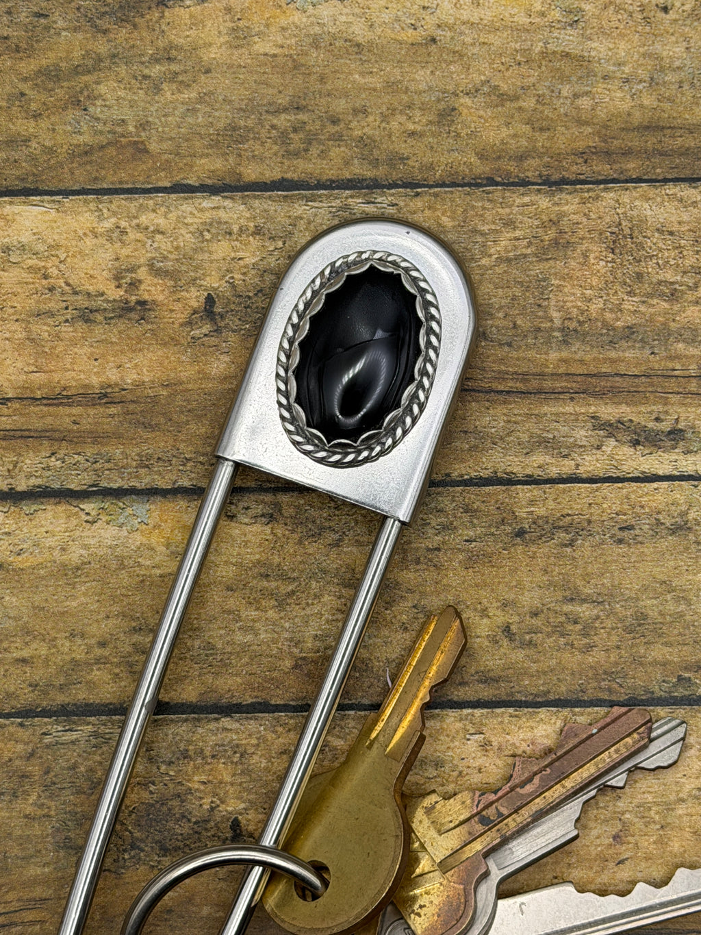 Dayton-Jumbo Safety Pin Keychain with Black Onyx Gemstone