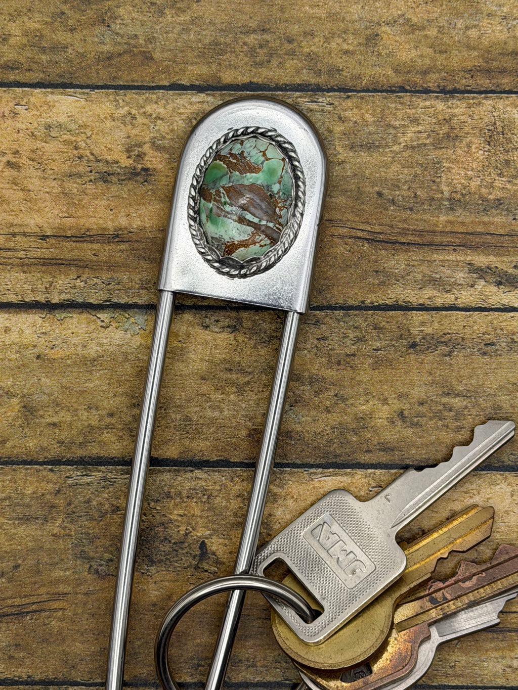 Christian-Jumbo Safety Pin Keychain with Green Variscite