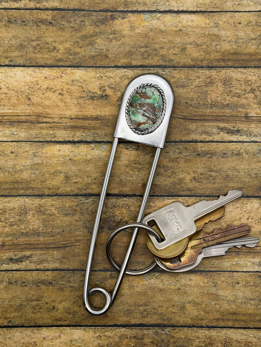 Christian-Jumbo Safety Pin Keychain with Green Variscite