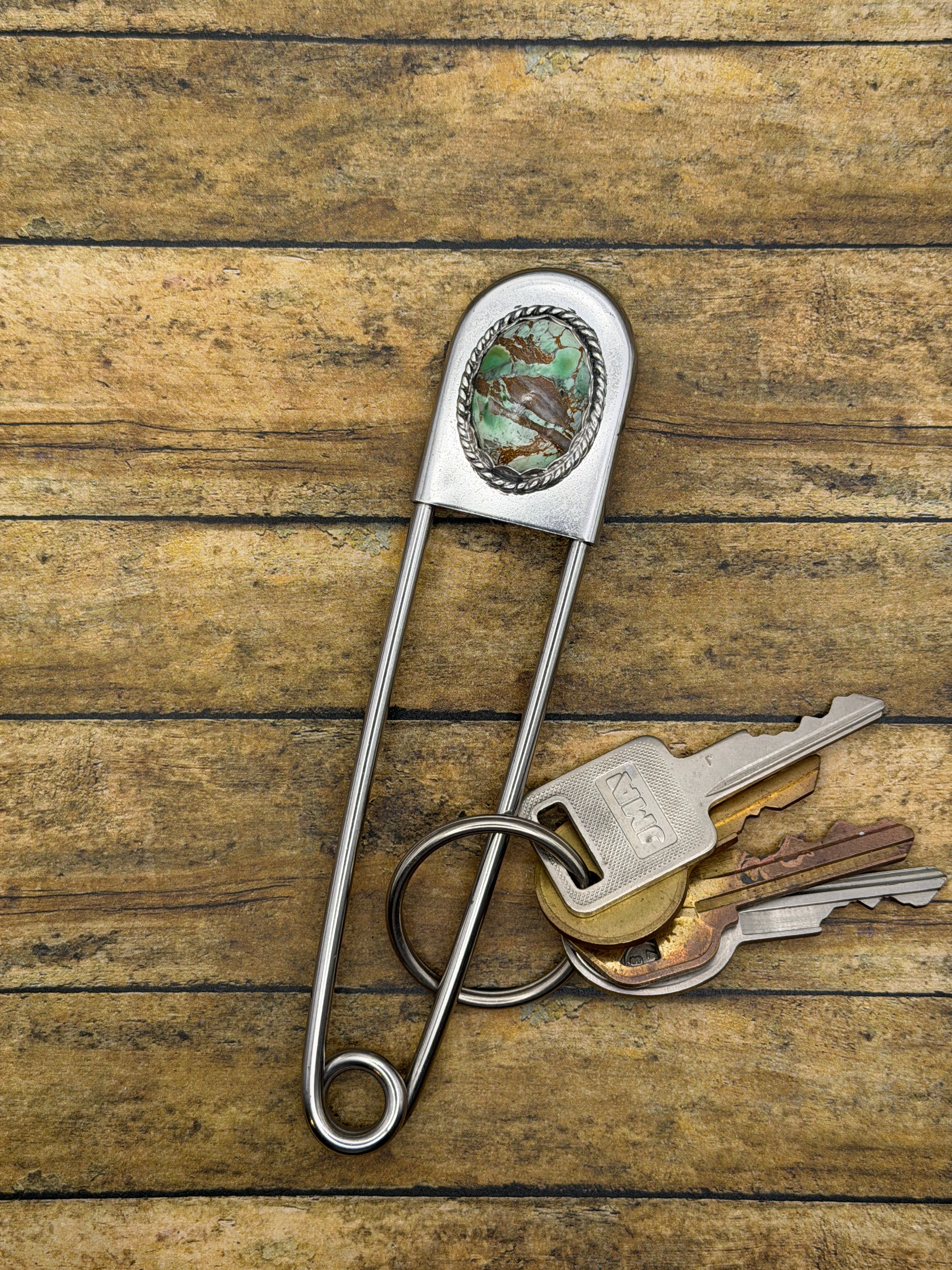 Christian-Jumbo Safety Pin Keychain with Green Variscite