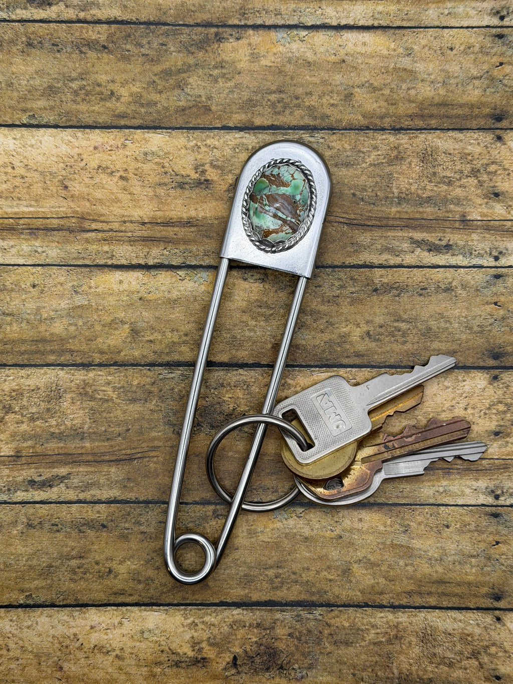 Christian-Jumbo Safety Pin Keychain with Green Variscite