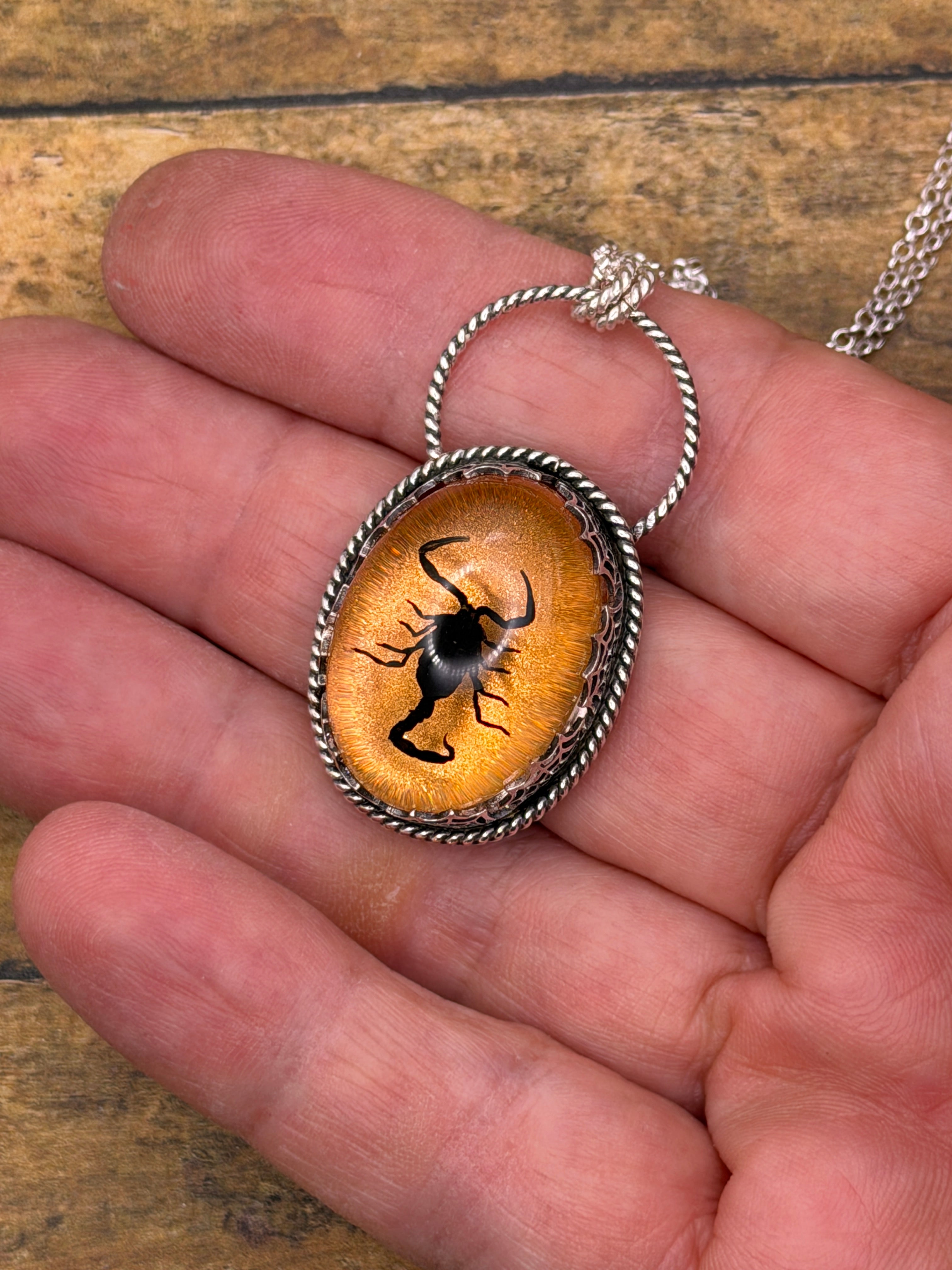 Willa-Spiderweb Detail Black Scorpion in Orange Shimmer Resin Pendant