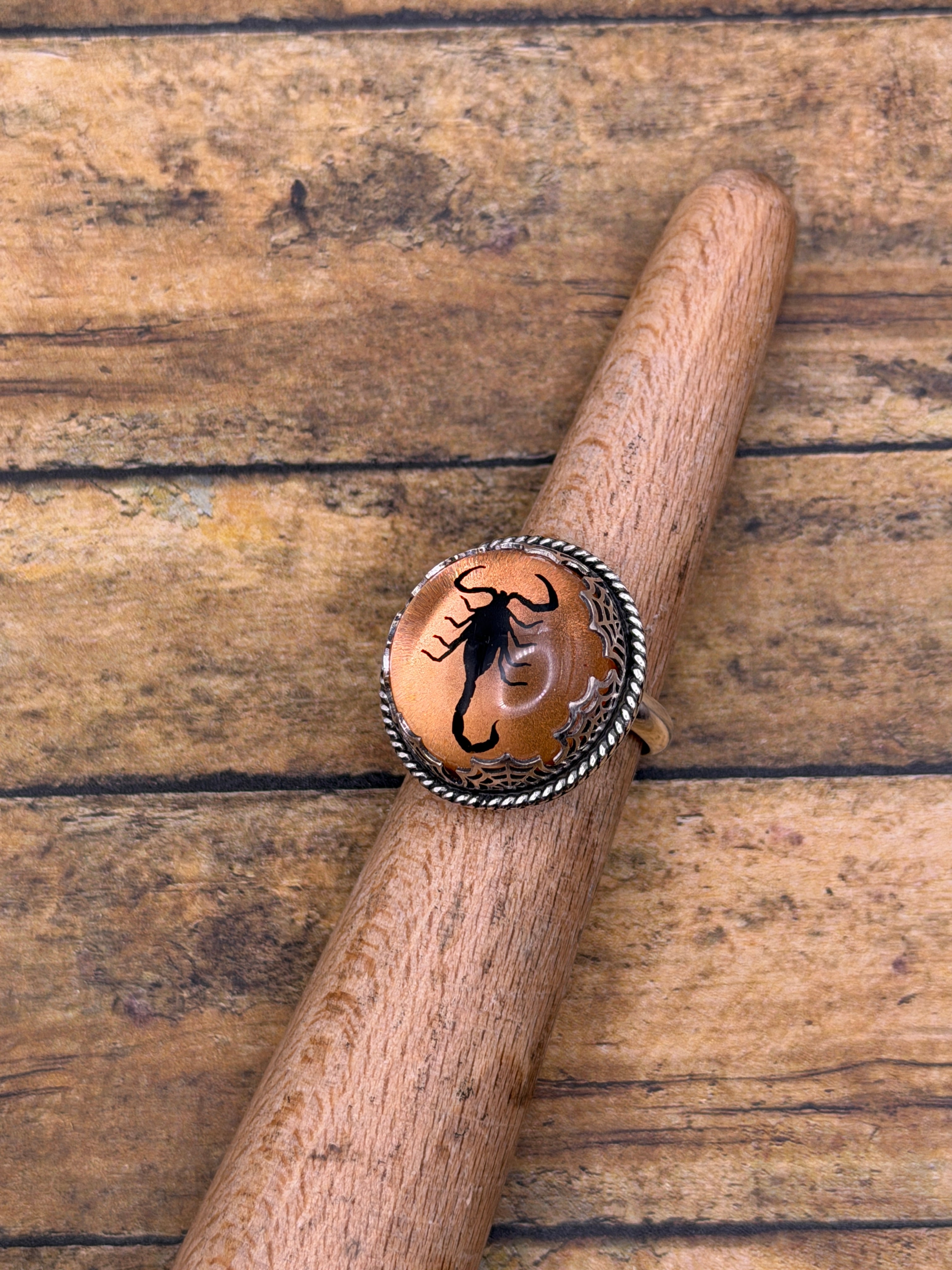 Willow-Spiderweb Detail Black Scorpion in Orange Shimmer Resin Statement Ring