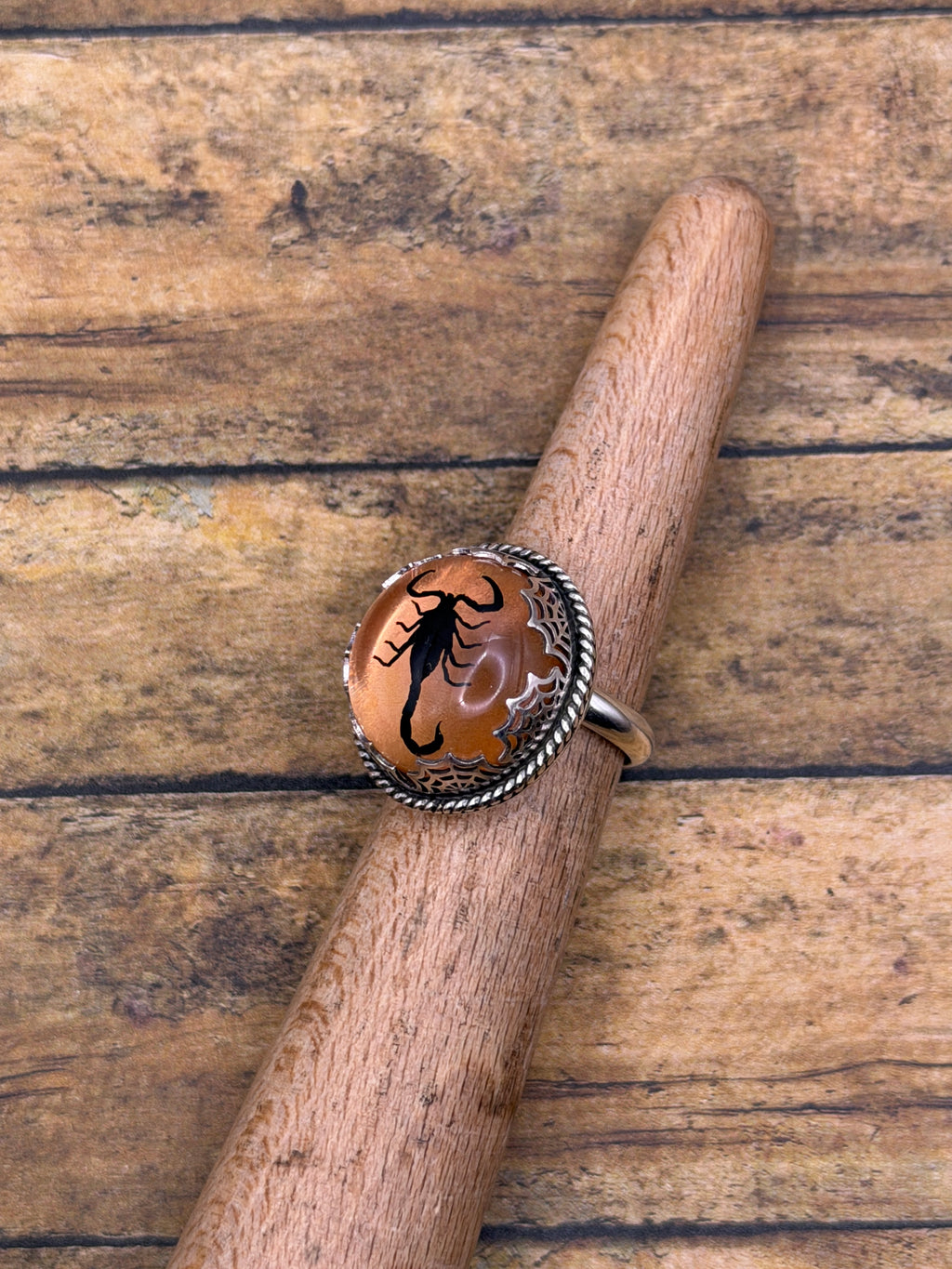 Willow-Spiderweb Detail Black Scorpion in Orange Shimmer Resin Statement Ring