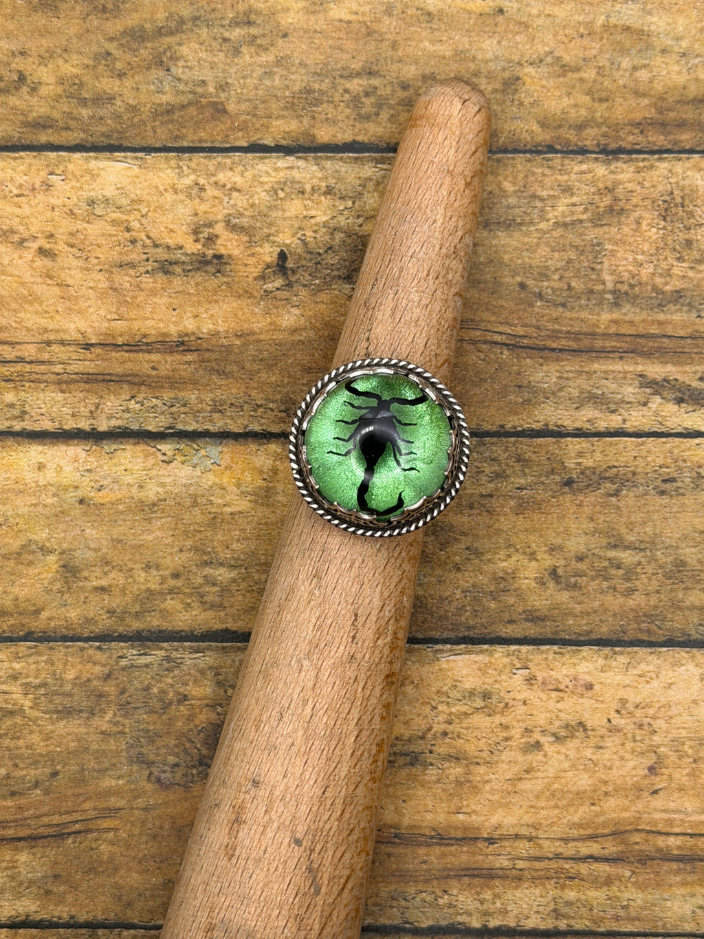 Winter-Spiderweb Detail Black Scorpion in Green Shimmer Resin Statement Ring