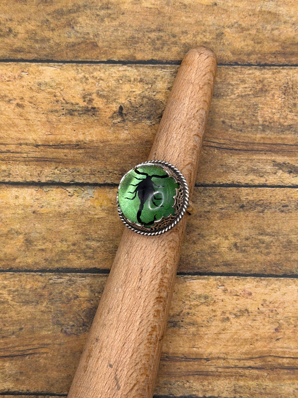 Winter-Spiderweb Detail Black Scorpion in Green Shimmer Resin Statement Ring