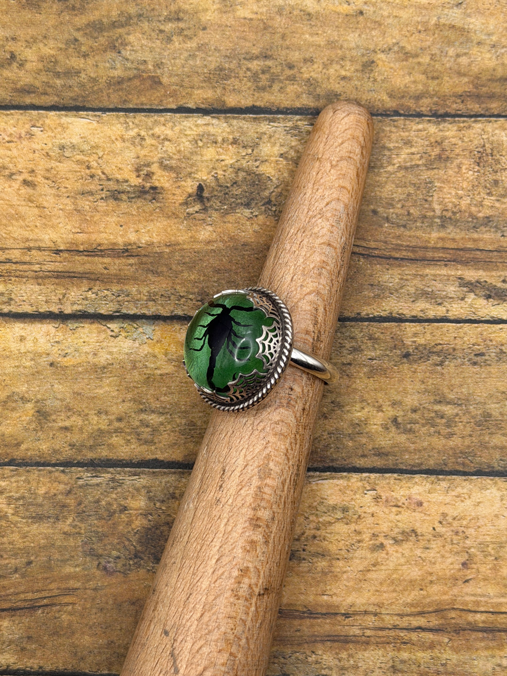 Winter-Spiderweb Detail Black Scorpion in Green Shimmer Resin Statement Ring