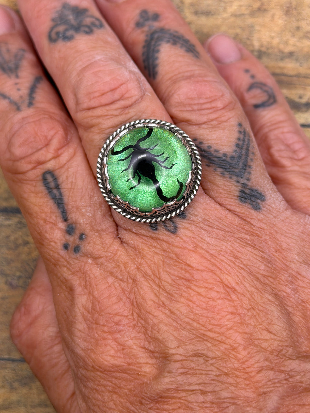 Winter-Spiderweb Detail Black Scorpion in Green Shimmer Resin Statement Ring