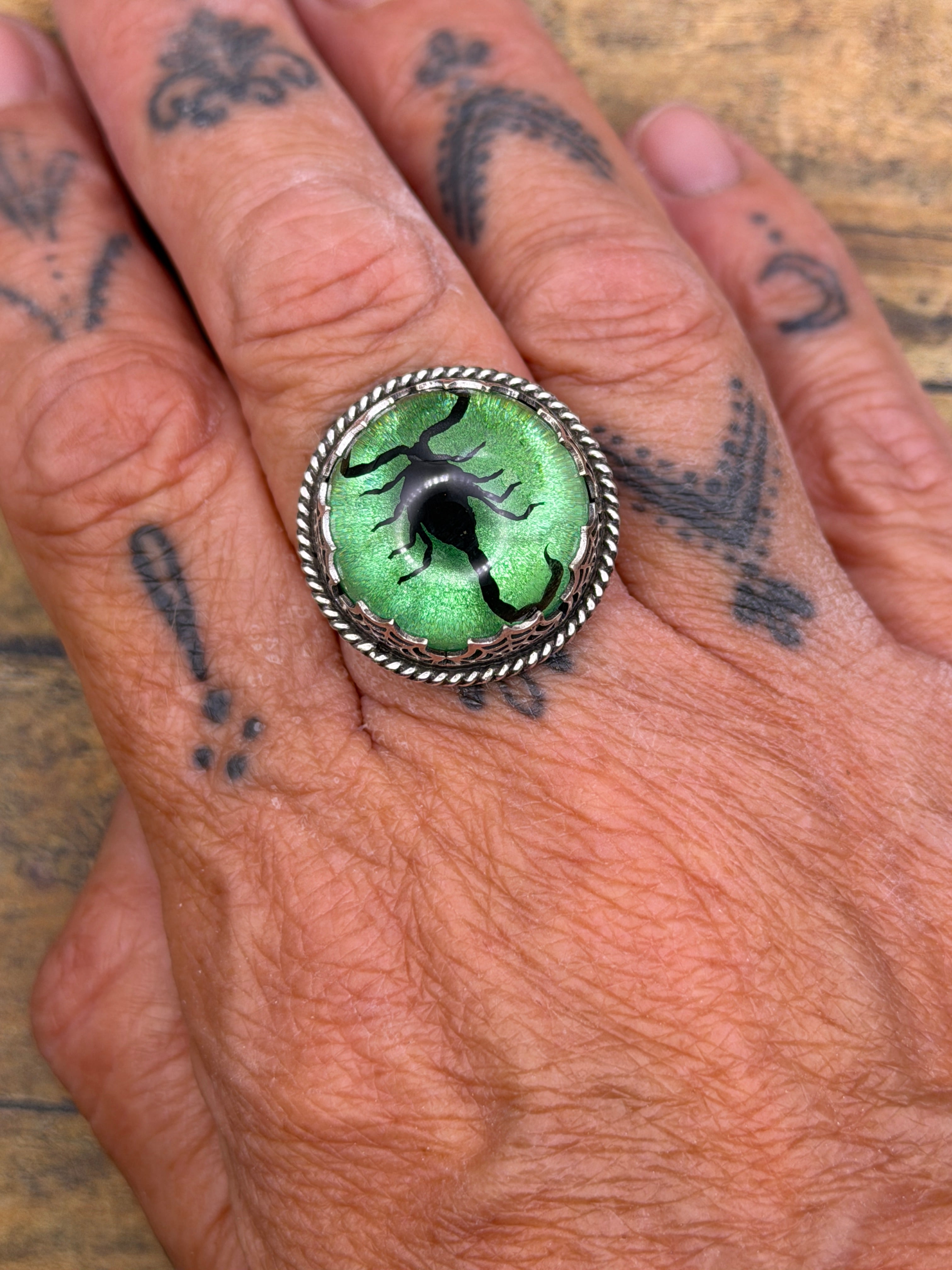 Winter-Spiderweb Detail Black Scorpion in Green Shimmer Resin Statement Ring