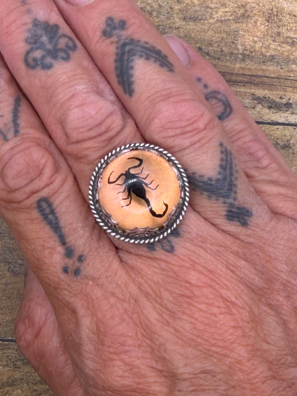 Willow-Spiderweb Detail Black Scorpion in Orange Shimmer Resin Statement Ring
