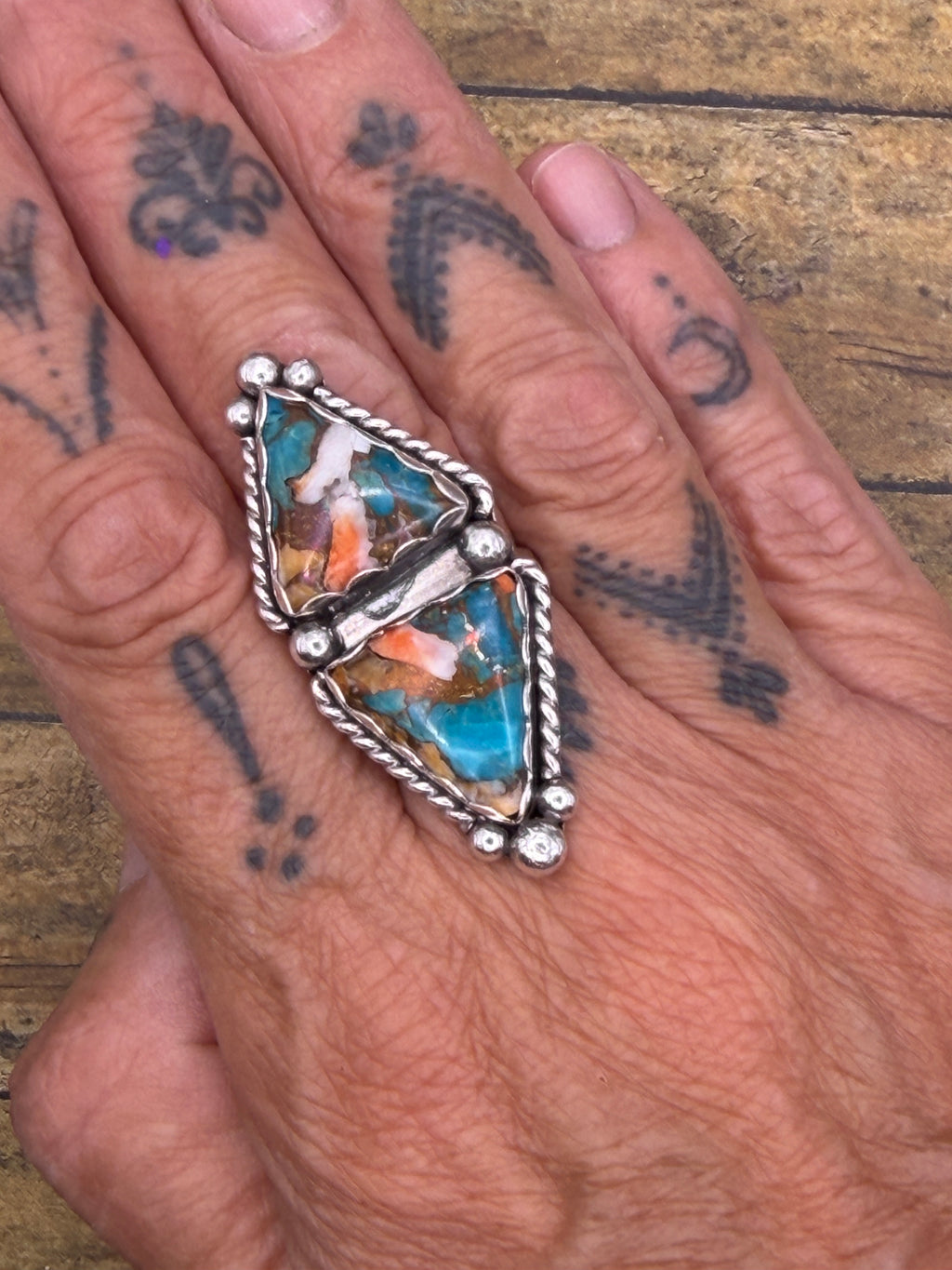 Caitlyn-Spiny Oyster Turquoise Double Stone Statement Ring