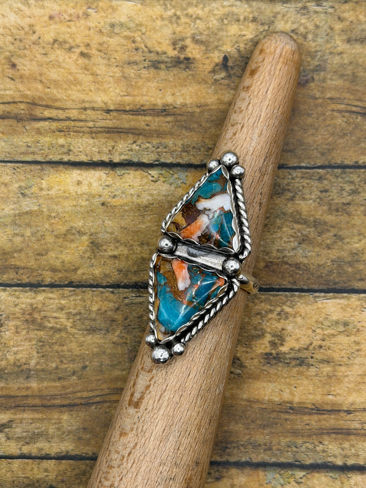 Caitlyn-Spiny Oyster Turquoise Double Stone Statement Ring