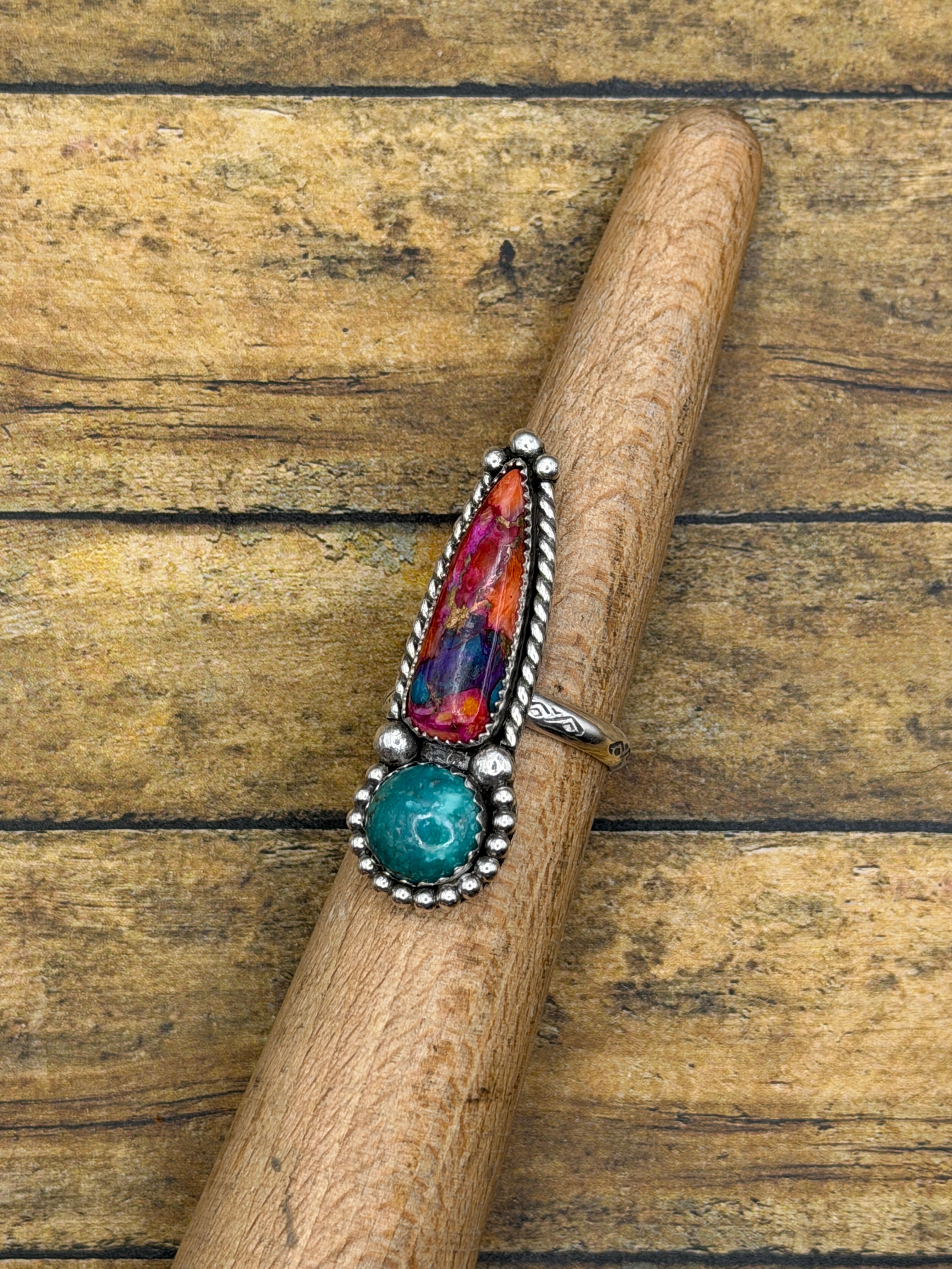 Candy-Pink Dahlia Turquoise & Turquoise Double Gemstone Statement Ring