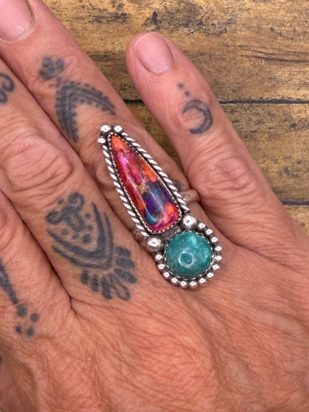 Candy-Pink Dahlia Turquoise & Turquoise Double Gemstone Statement Ring