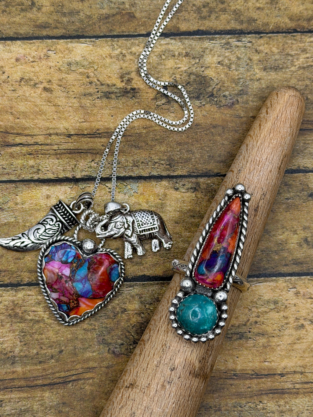 Corina-Charm Necklace with a Pink Dahlia Turquoise Heart and Elephant and Tooth Charms