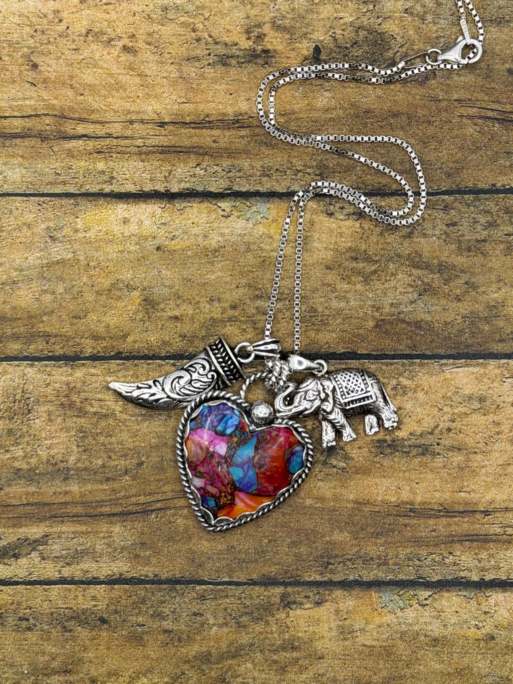 Corina-Charm Necklace with a Pink Dahlia Turquoise Heart and Elephant and Tooth Charms