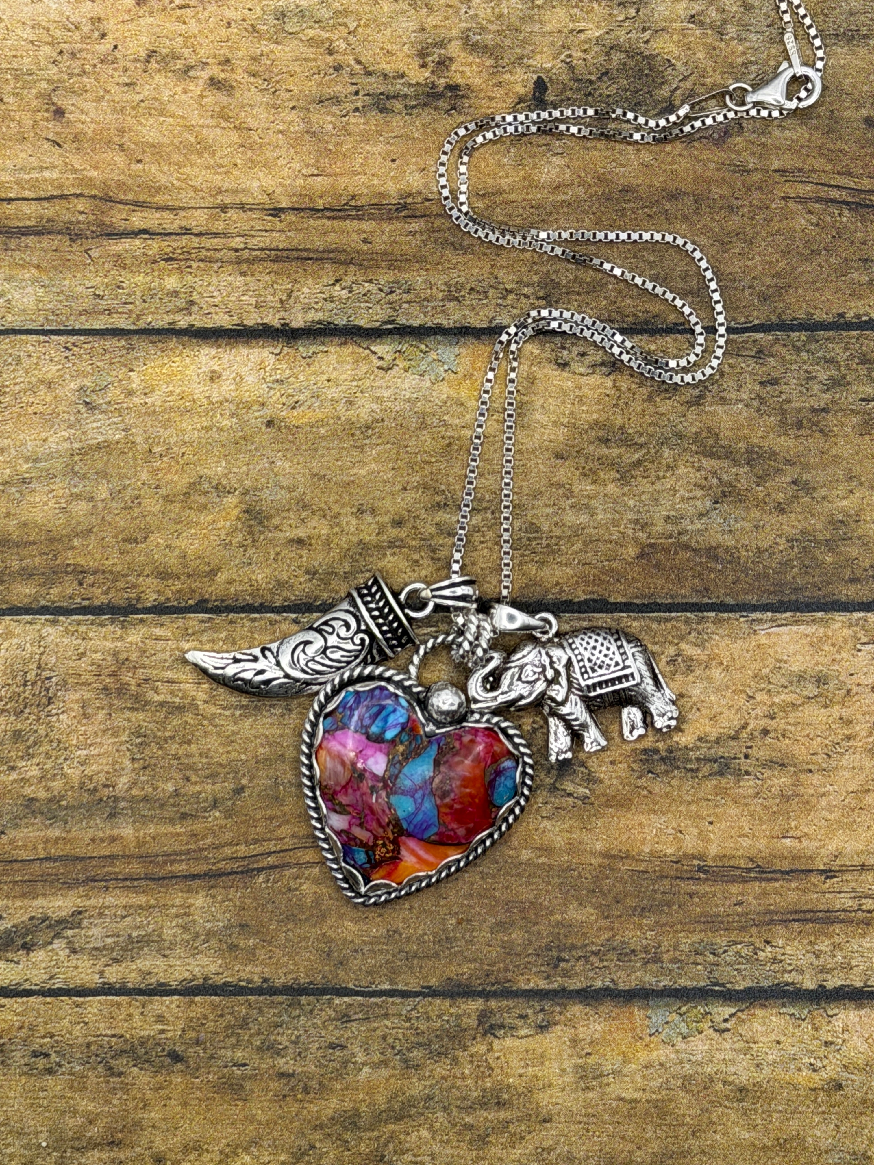 Corina-Charm Necklace with a Pink Dahlia Turquoise Heart and Elephant and Tooth Charms